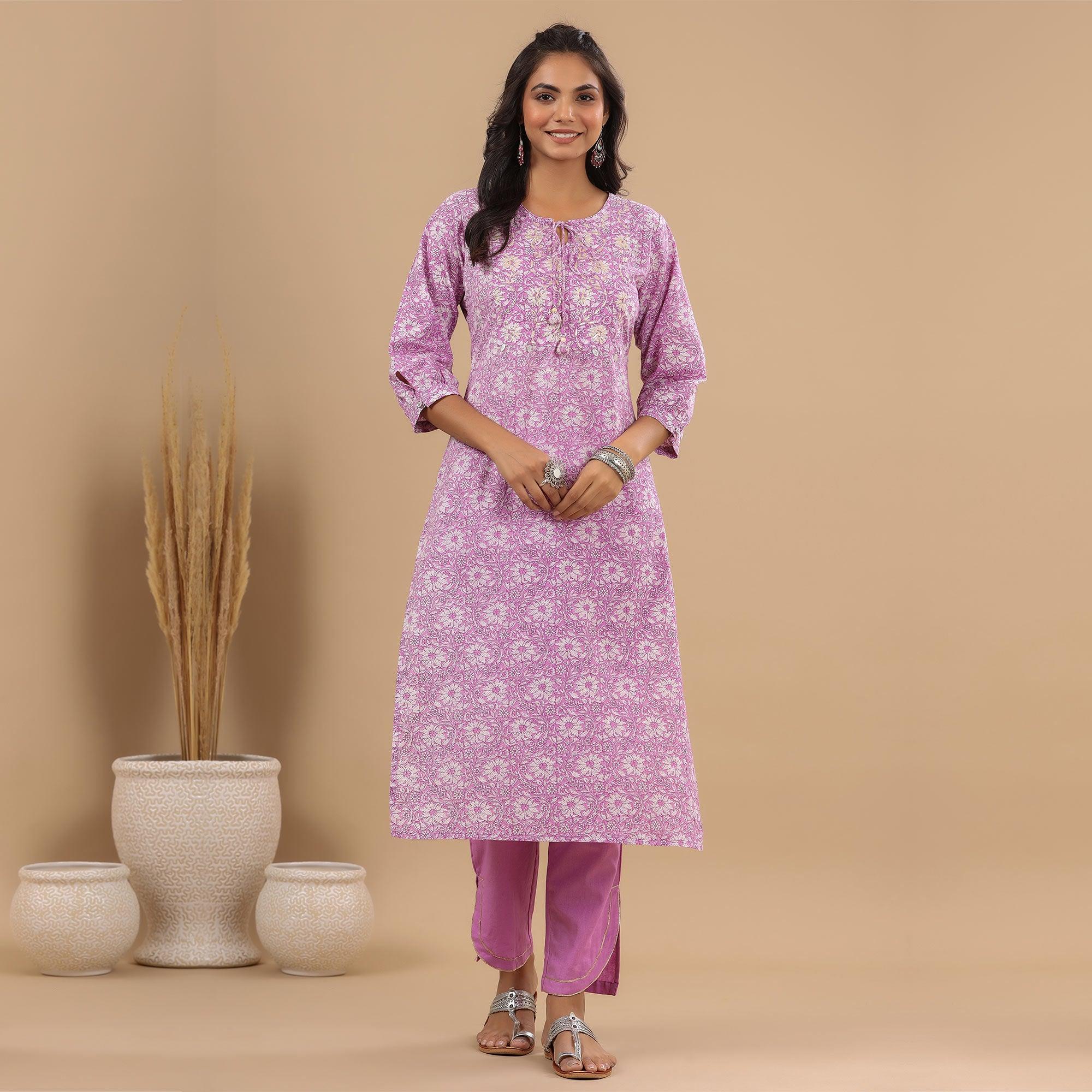 Peachmode Lavender Floral Printed With Embroidered Pure Cotton Kurti Pant Set - view 2