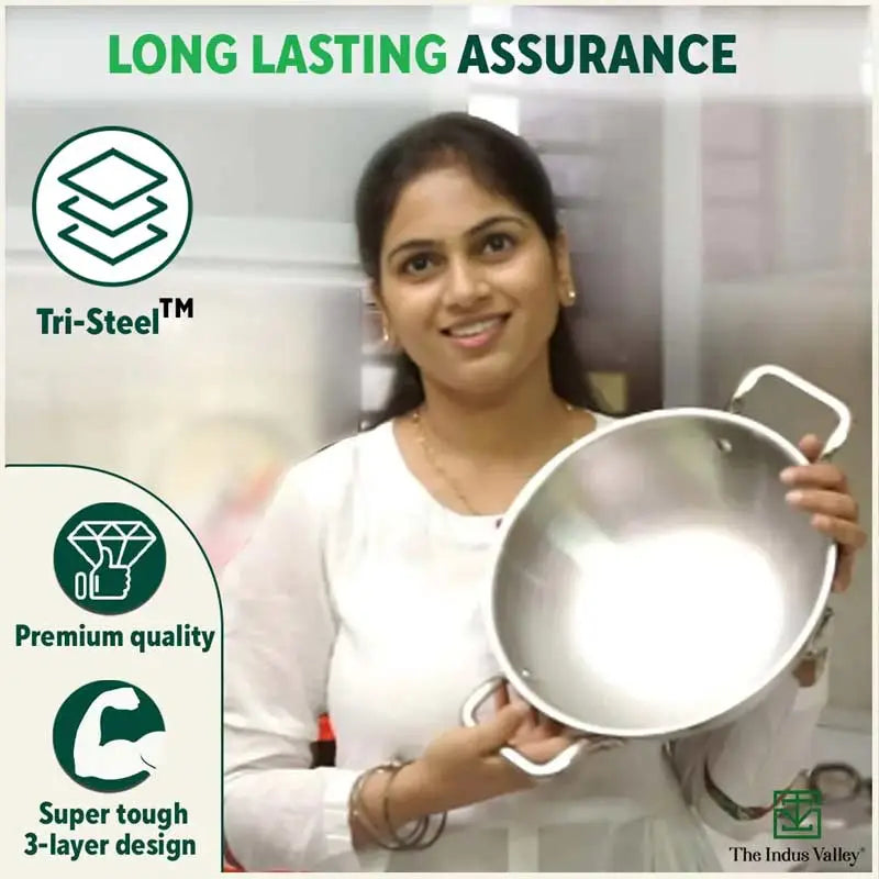 The Indus Valley TurboCuk Tri-ply Stainless Steel Cokware Set: Free ₹600 Wooden Board+ Kadai+ Biryani Pot, Premium Quality, 3 Layer Thick Body, 100% T - view 10