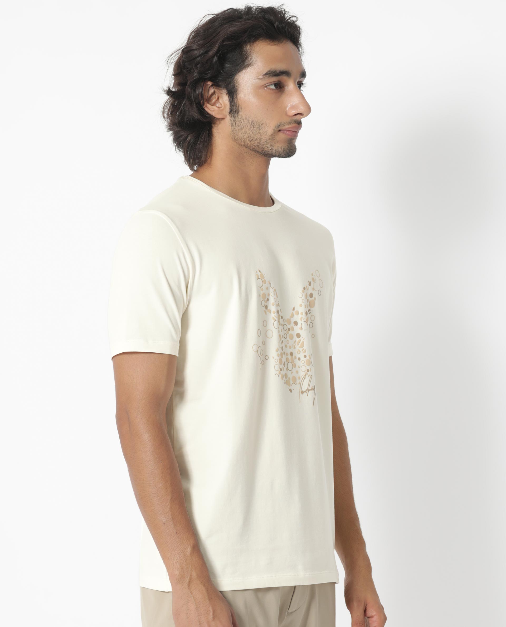 Rare Rabbit Men's Kerwin Beige Crew Neck HD Print Logo on Chest Half Sleeves Regular Fit T-Shirt - view 9