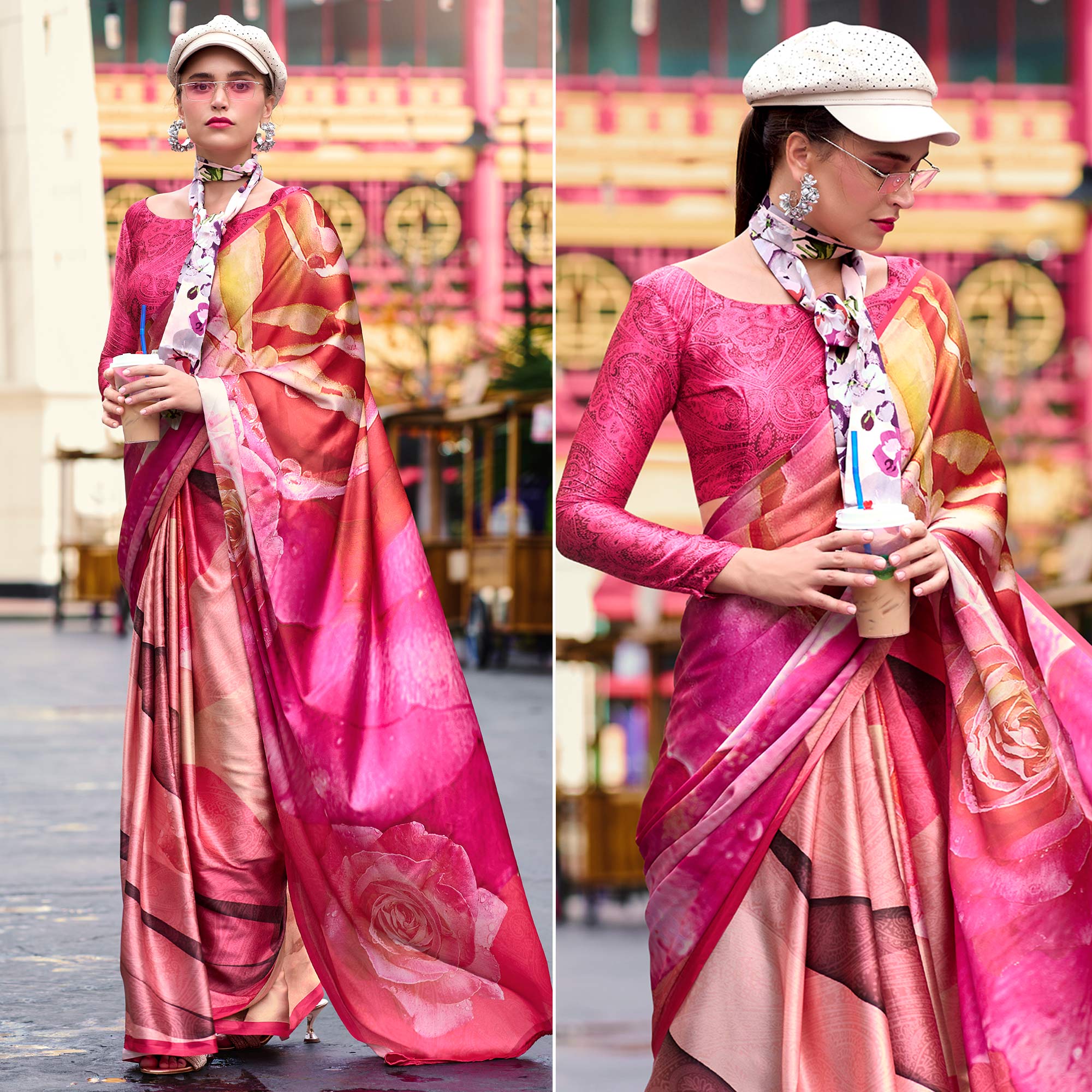Peachmode Pink Floral Digital Printed Pure Satin Saree