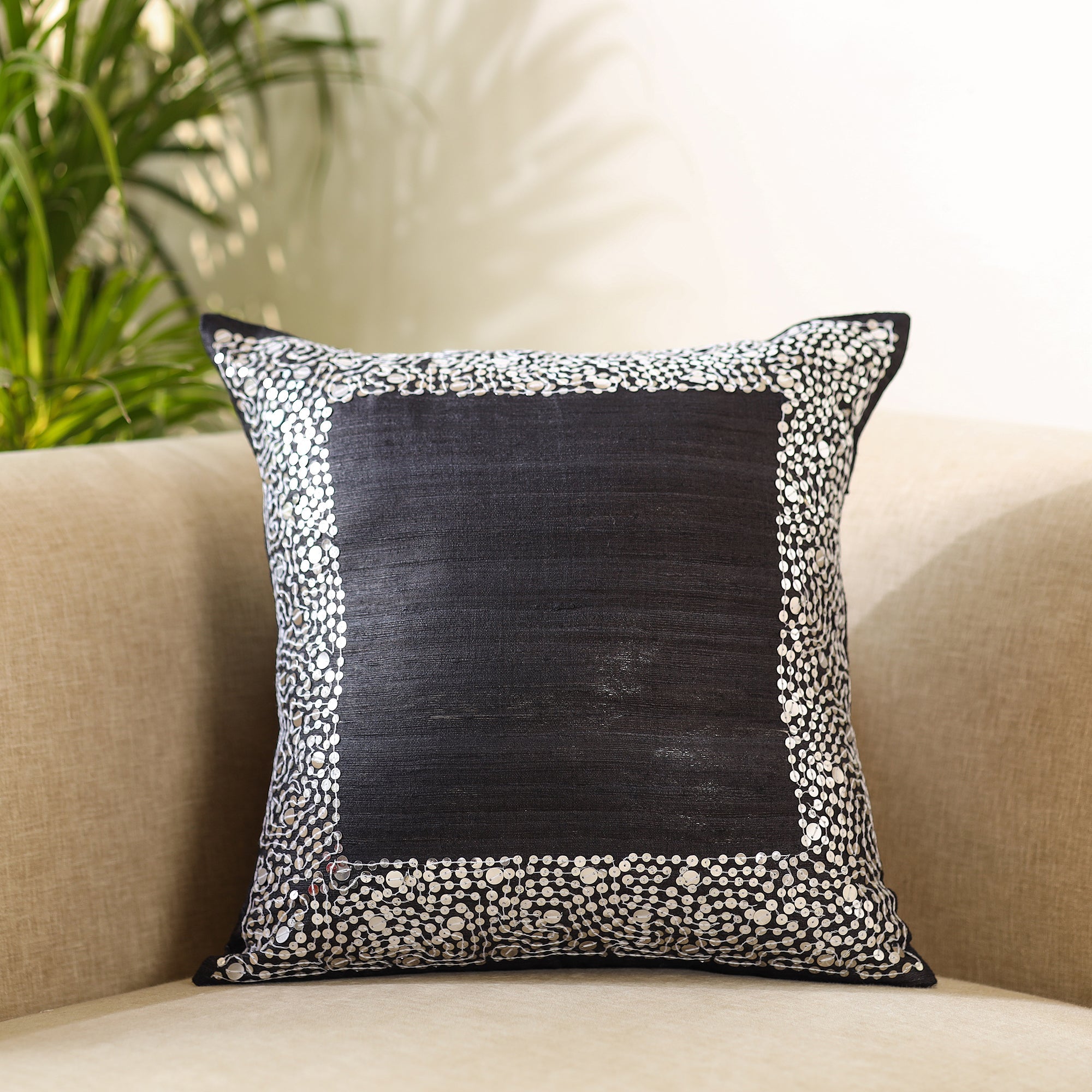 CHHATTISGARH HASTSHILP VIKAS BOARD Black - Aari Embroidery Sequin Work Ghicha Silk Cushion Cover (16 x 16 in)