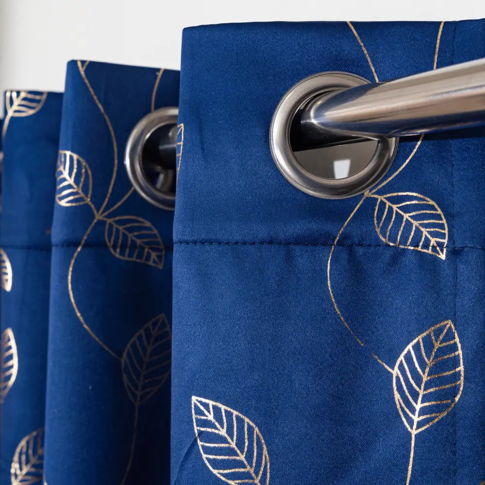 Urban Space -Home Furnishing Store Gold Foil Printed 80-85% Blackout Curtains - Pack of 1 - Leaf- Navy Blue - view 3