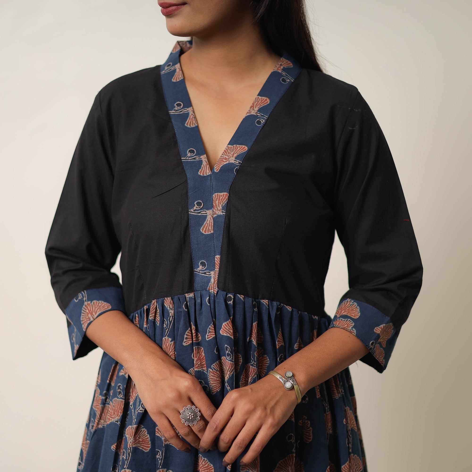 ITOKRI CASUALS Blue - Hand Block Print Cotton Flared Gher Ajrakh Dress 01 - view 6