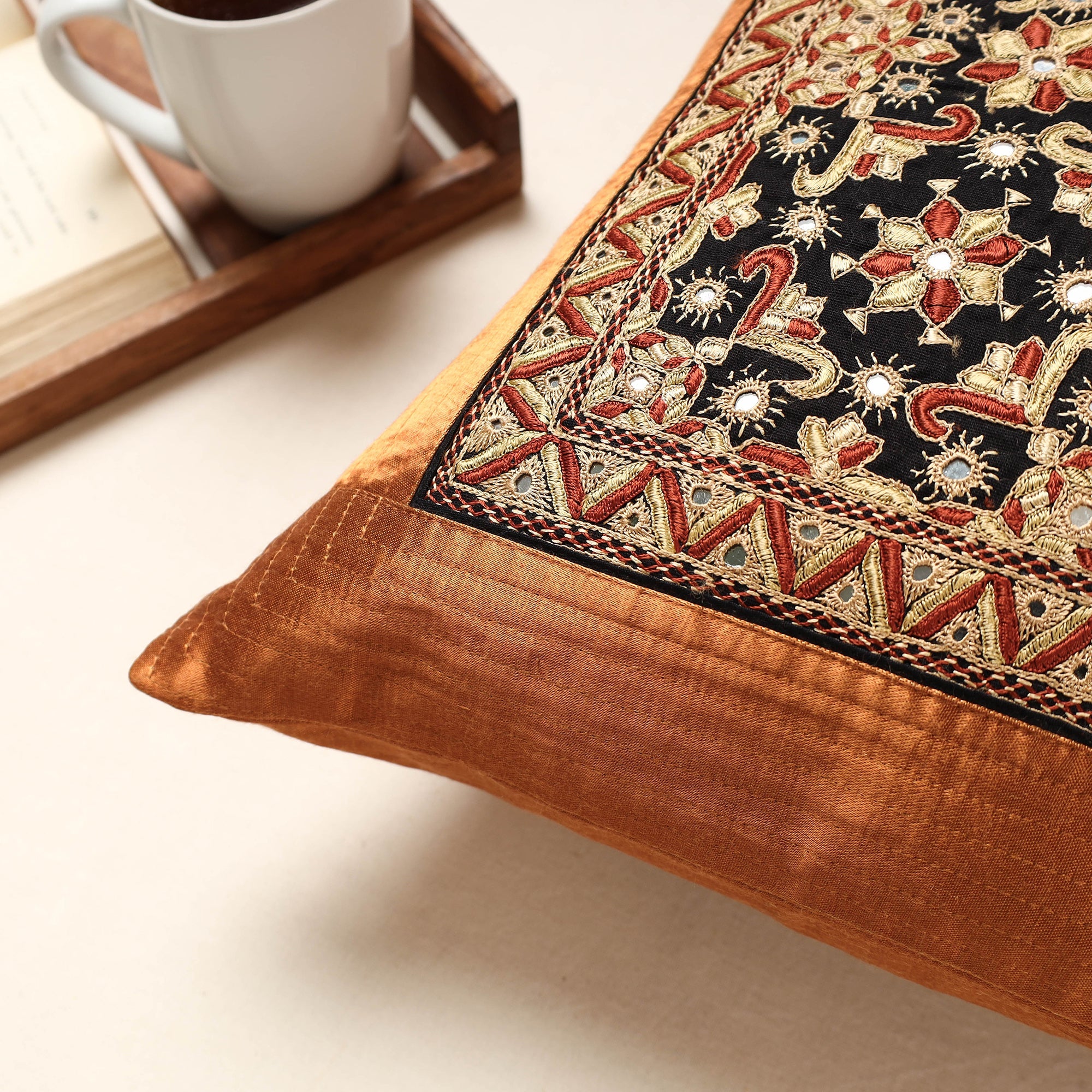 QASAB Brown - Kutch Pakko Hand Embroidery Mashru Silk Cushion Cover (16 x 16 in) - view 2
