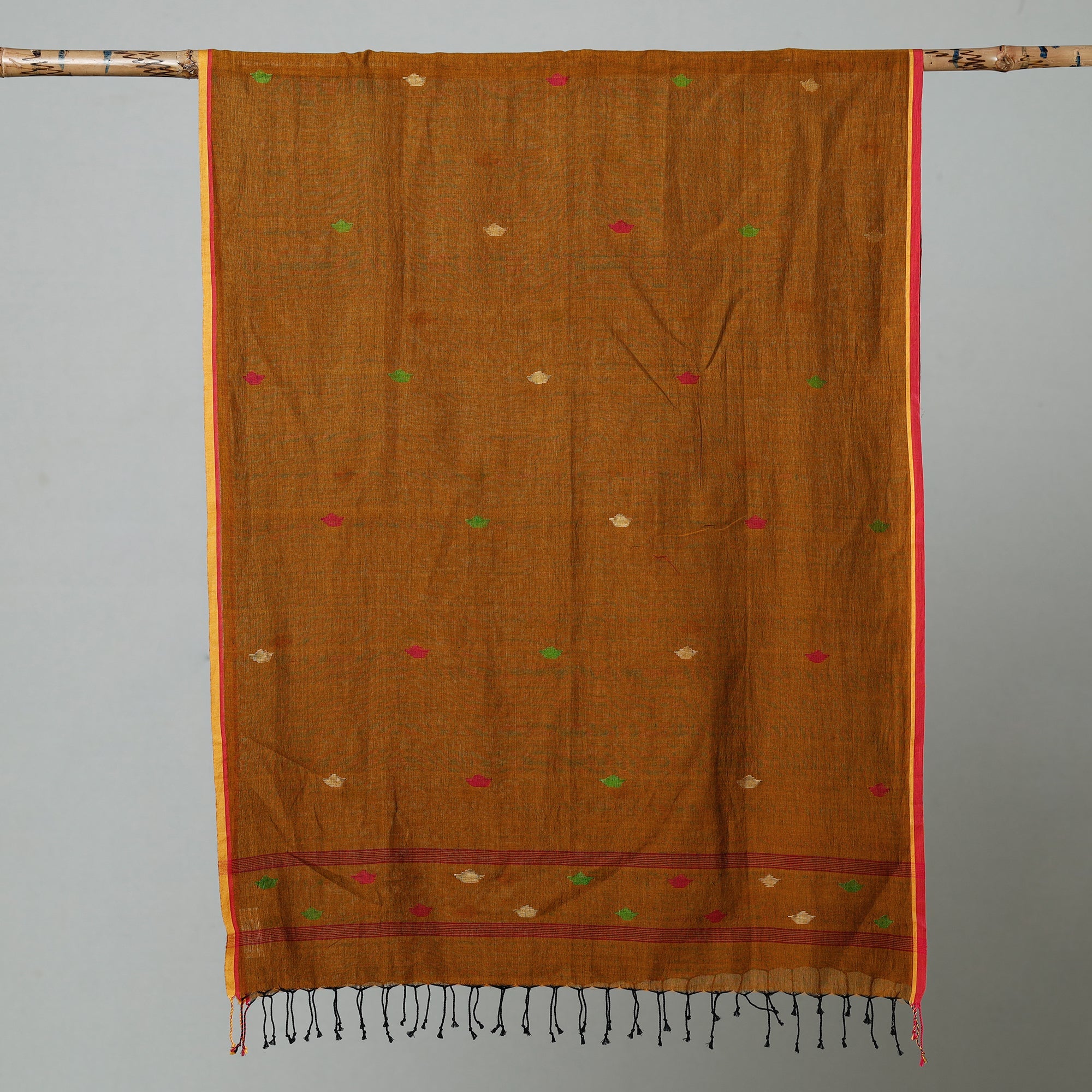 ALANKRITA Brown - Jamdani Handloom Cotton Stole with Tassels - view 2