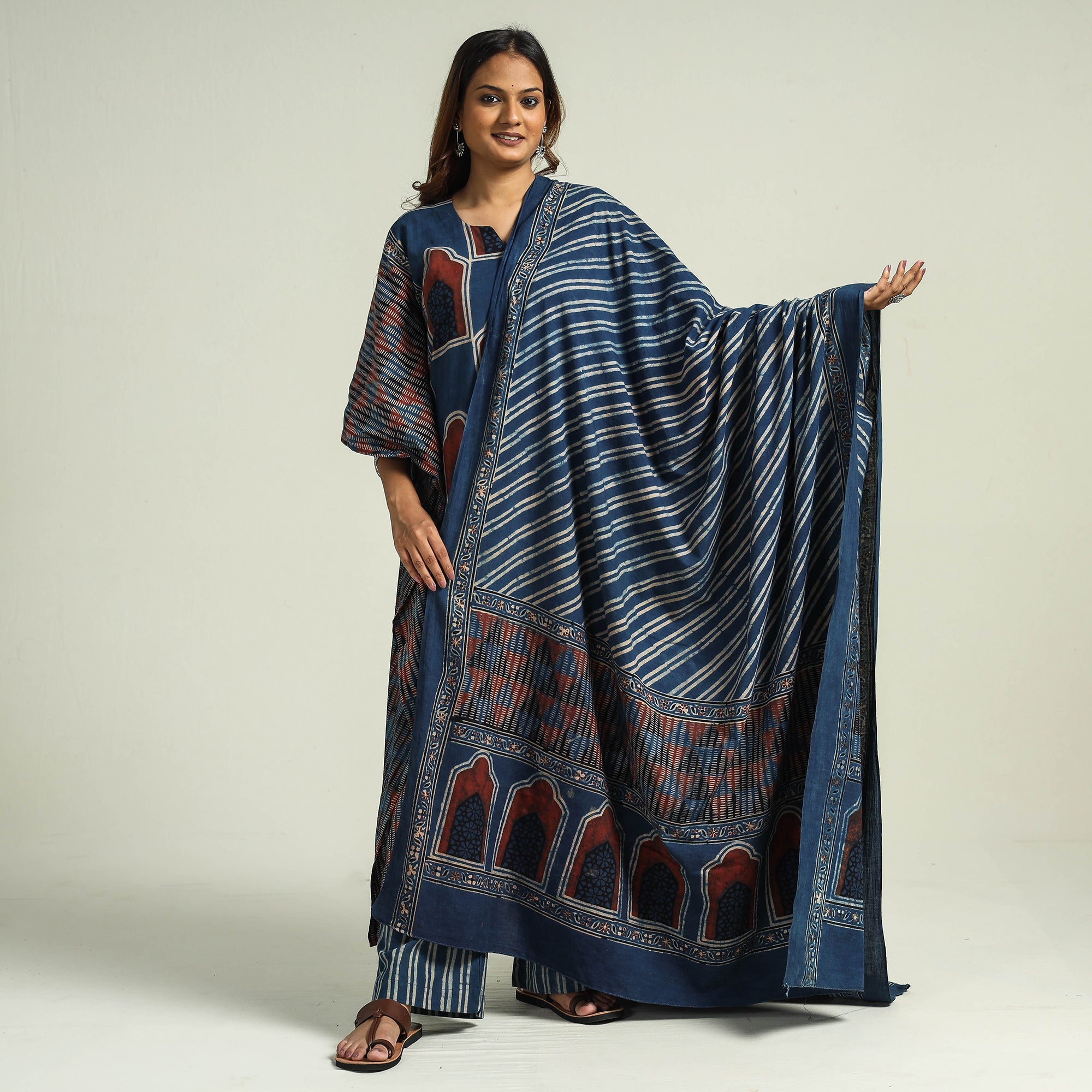 Palazzo dupatta set – ITOKRI CASUALS Blue - Ajrakh Block Printed Cotton Kaftan with Palazzo & Dupatta Set