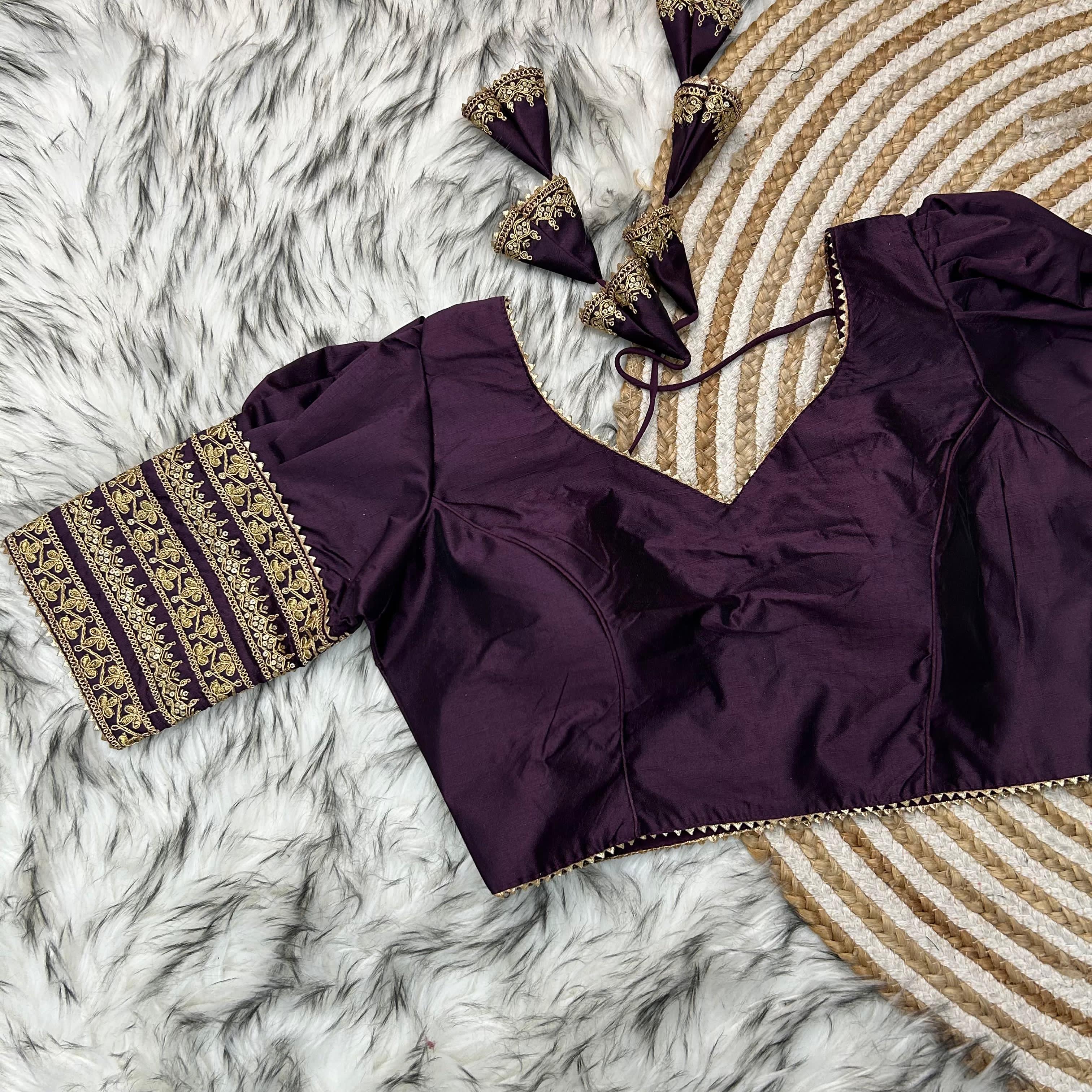 ClothsVilla Dark Purple Kilmora Silk Blouse with Handcrafted Embroidery and Sequence Accents - view 2
