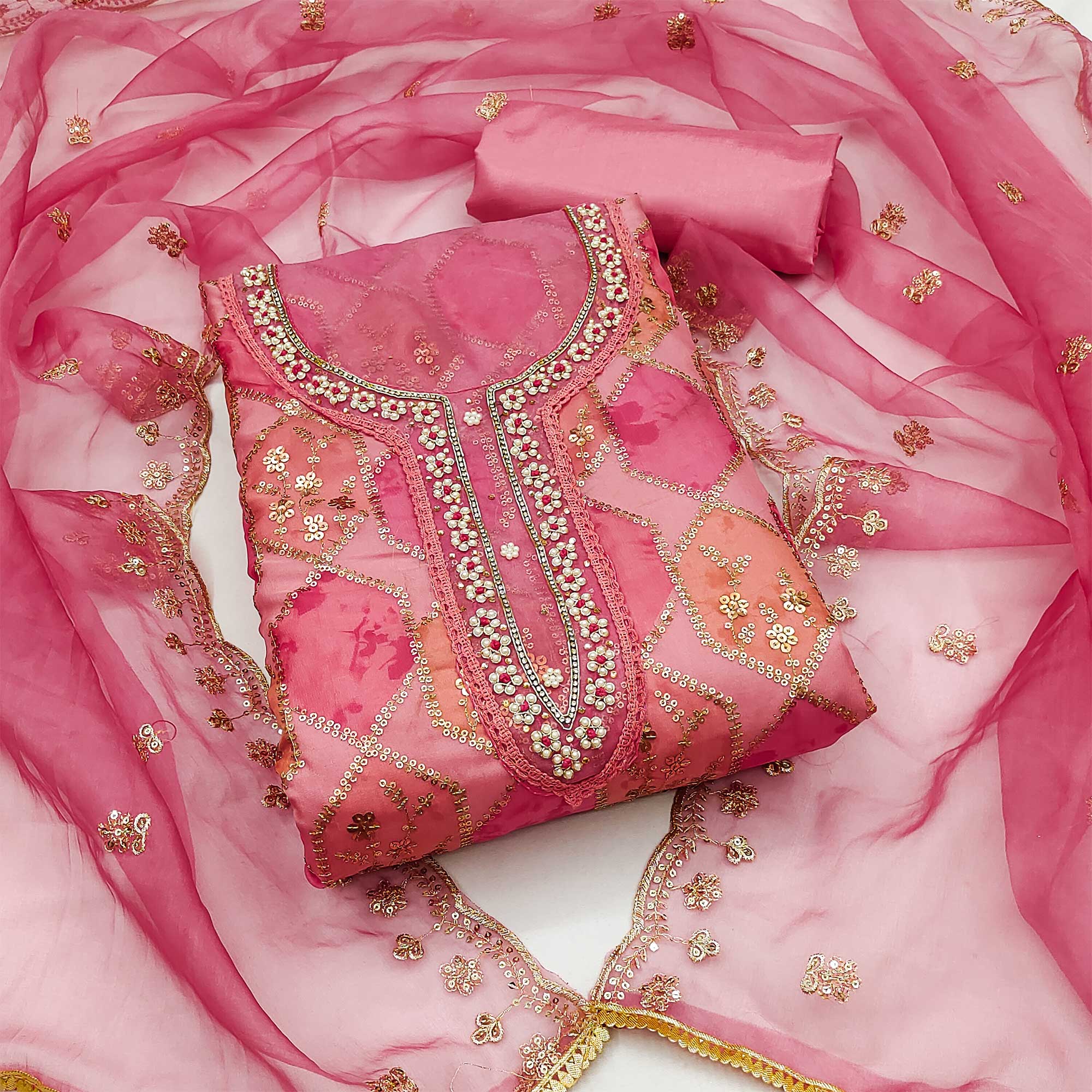 Peachmode Gajari Pink Sequins Embroidered With Handwork Organza Dress Material
