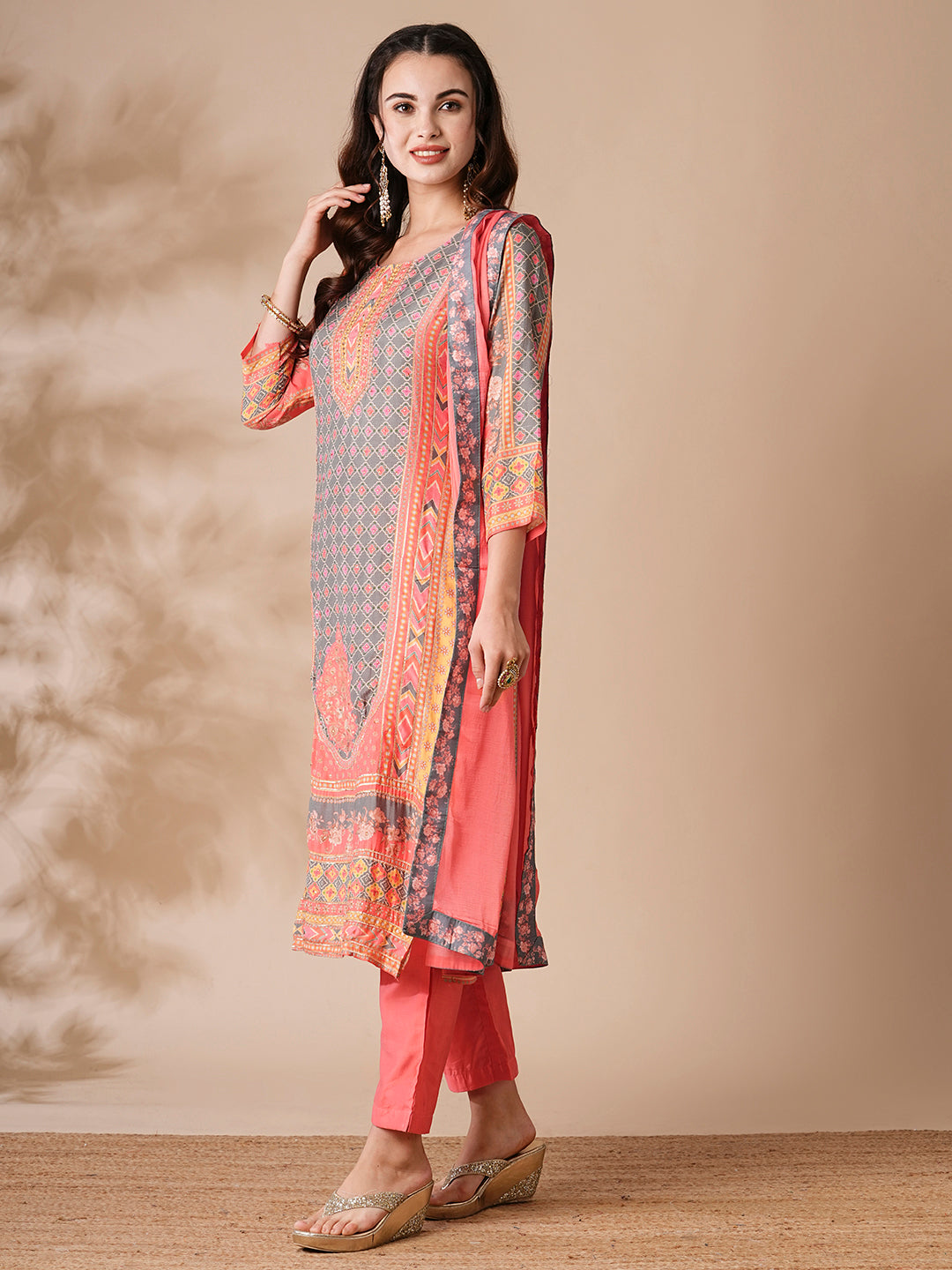 Fashor Floral Ethnic Printed & Embroidered Straight Kurta with Pant & Dupatta - Peach - view 4
