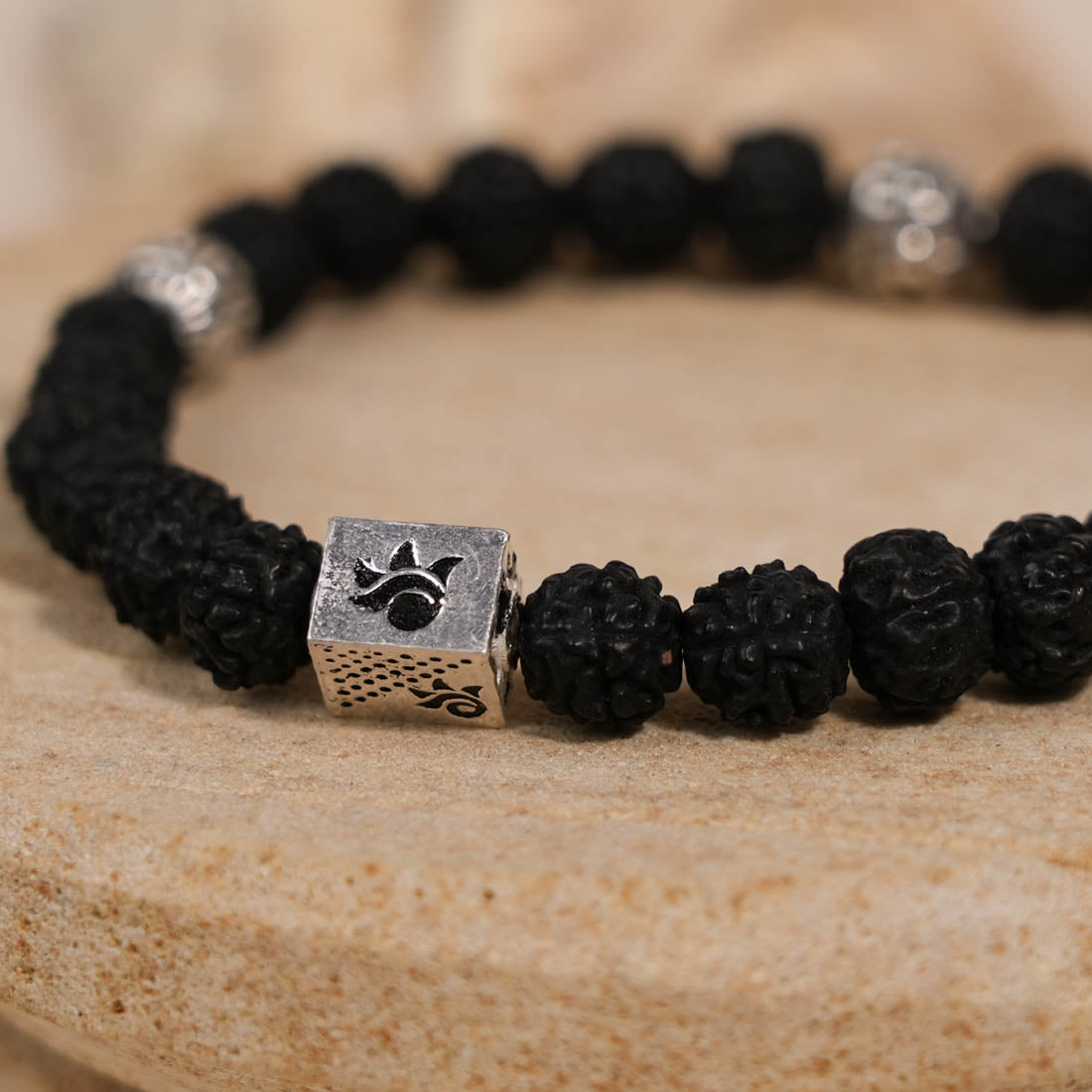 Prinjal Jewellers Black Rudraksha with Om Namah Shivay Silver Beads Bracelet