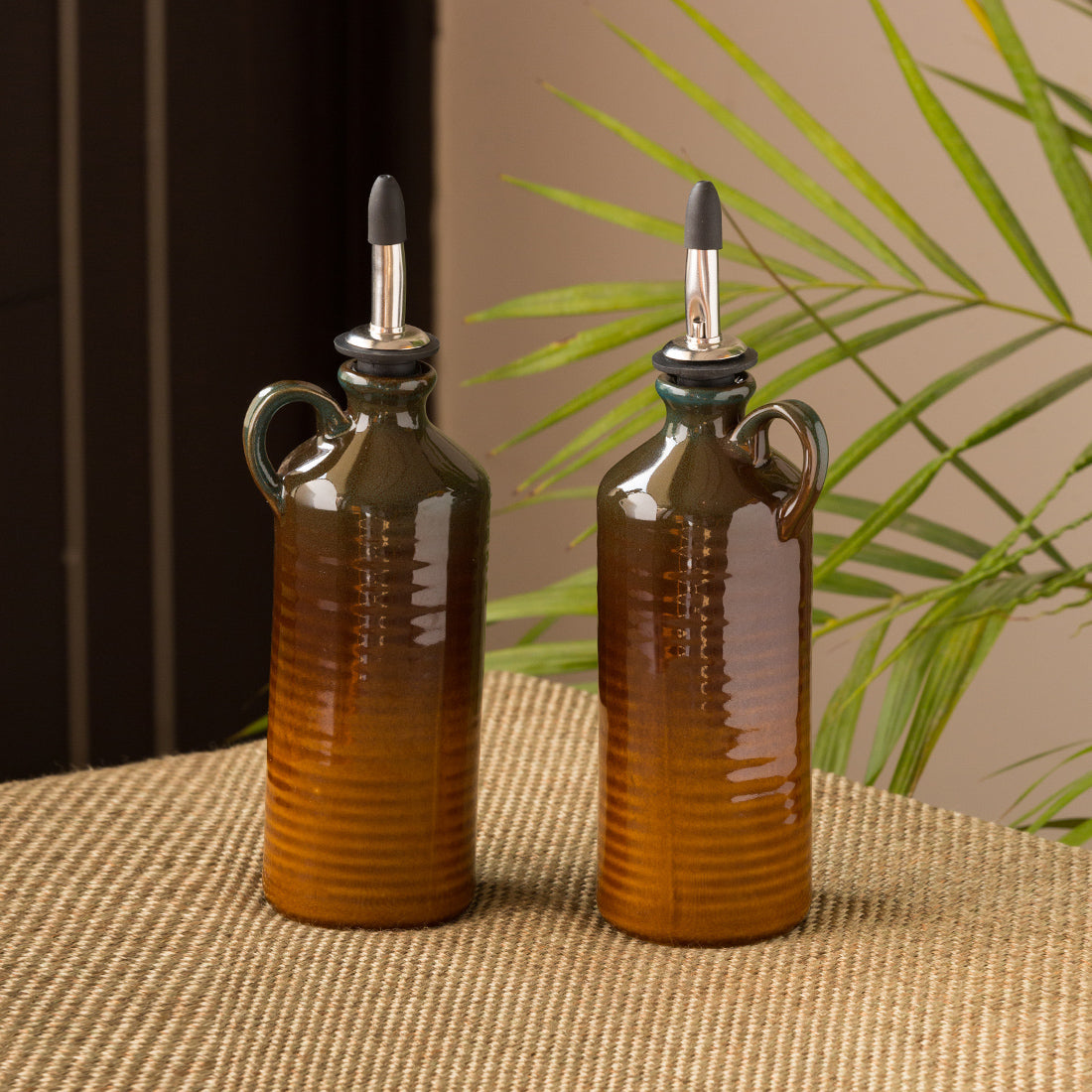 EXCLUSIVELANE 'Amber & Teal' Studio Pottery Oil Bottle In Ceramic (Set of 2, 250 ml)