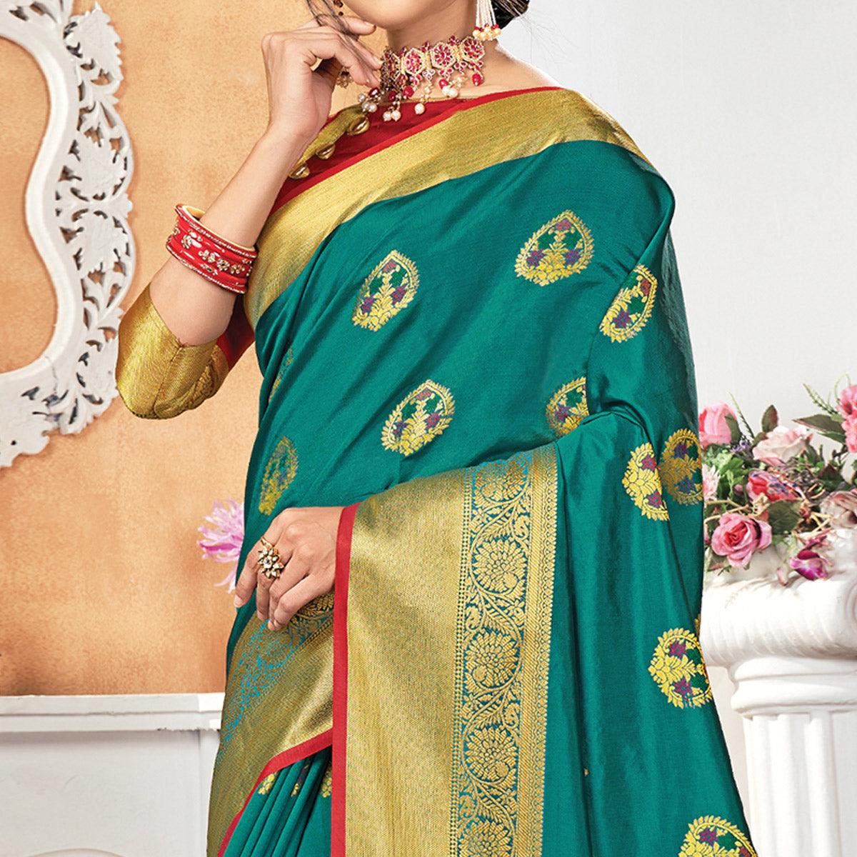 Peachmode Fantastic Turquoise Blue Colored Festive Wear Woven Silk Saree - view 2