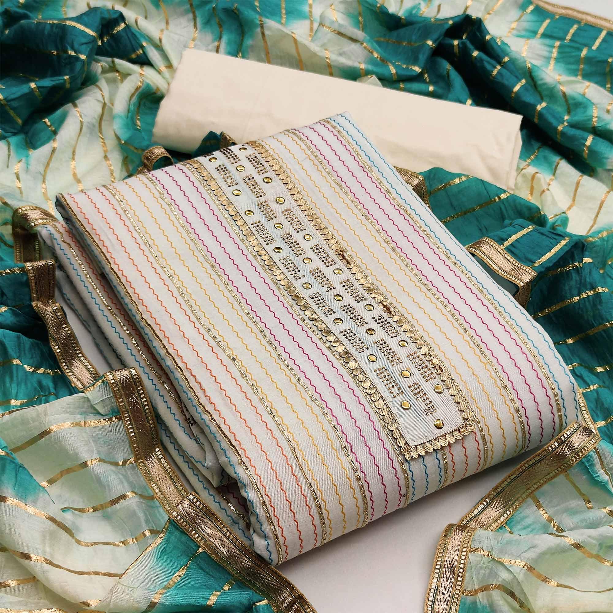 Peachmode Cream Casual Wear Embroidery With Hand Work Premium Pure Cotton Dress Material