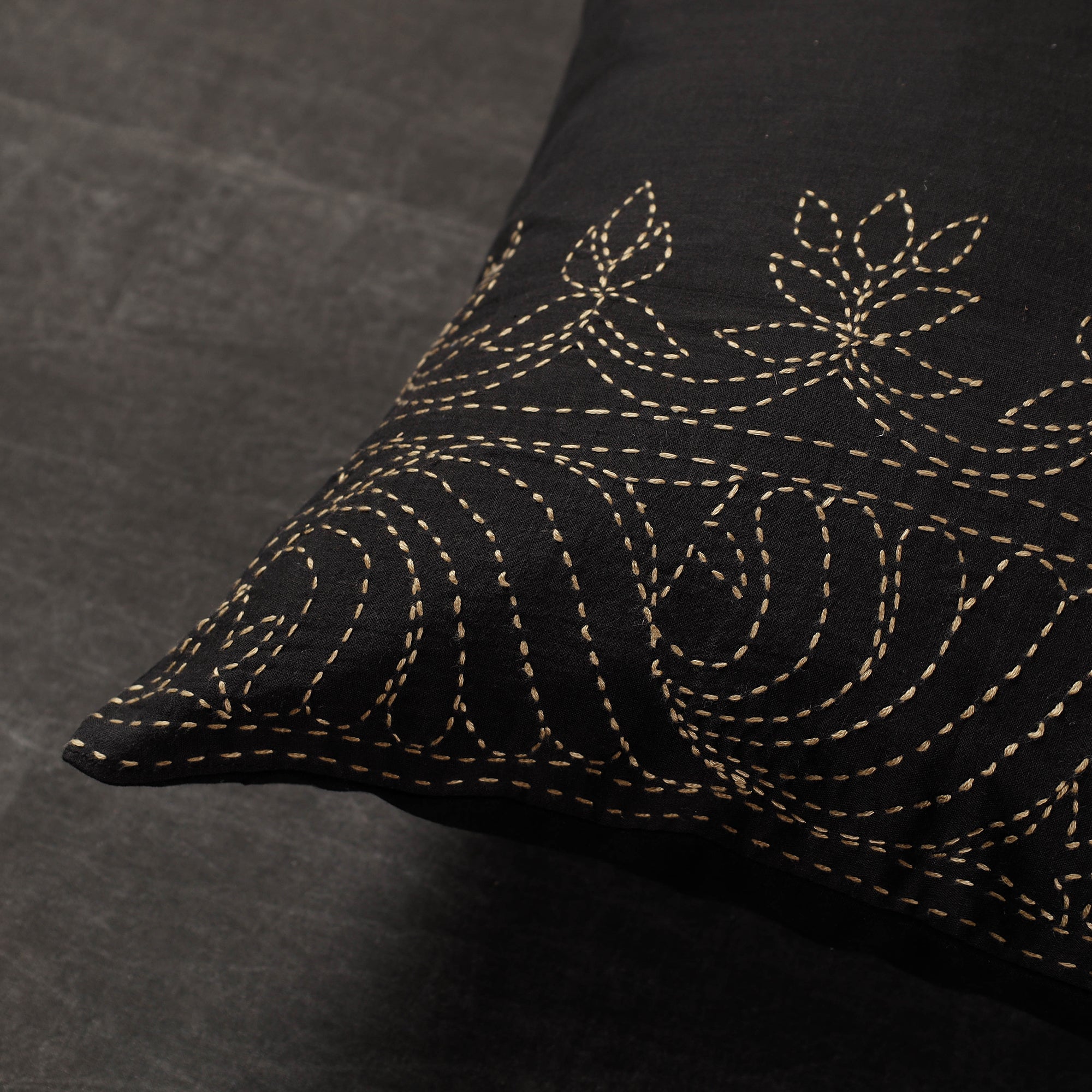 SASHA Black - Lotus Border - Kantha Embroidery Handloom Cotton Cushion Cover (16 x 16 in) - view 2