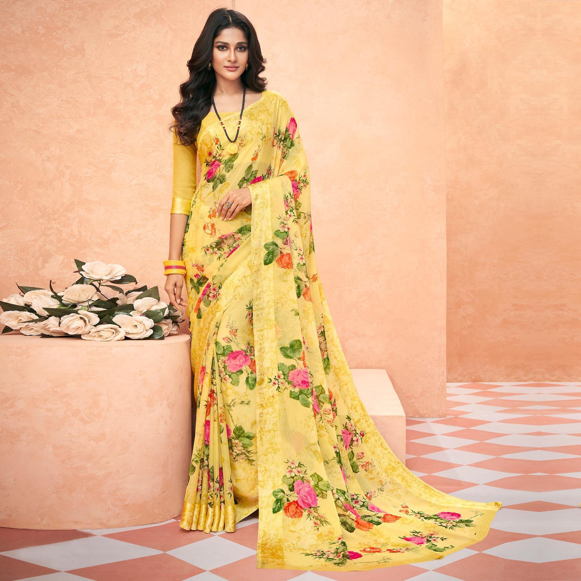 Peachmode Light Yellow Casual Wear Floral Printed Chiffon Saree