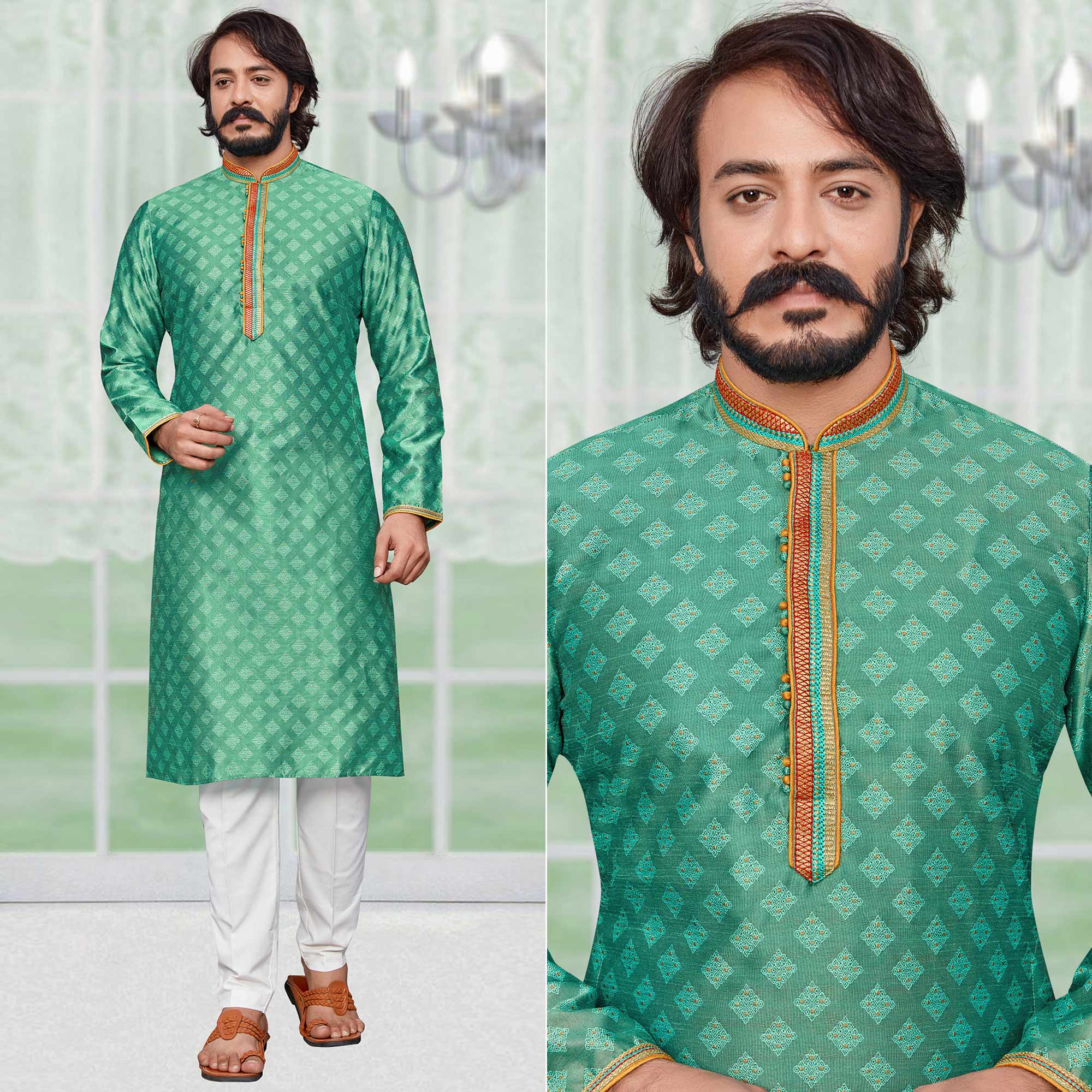 Peachmode Seller Light Green Woven Jacquard Kurta Pyjama Set