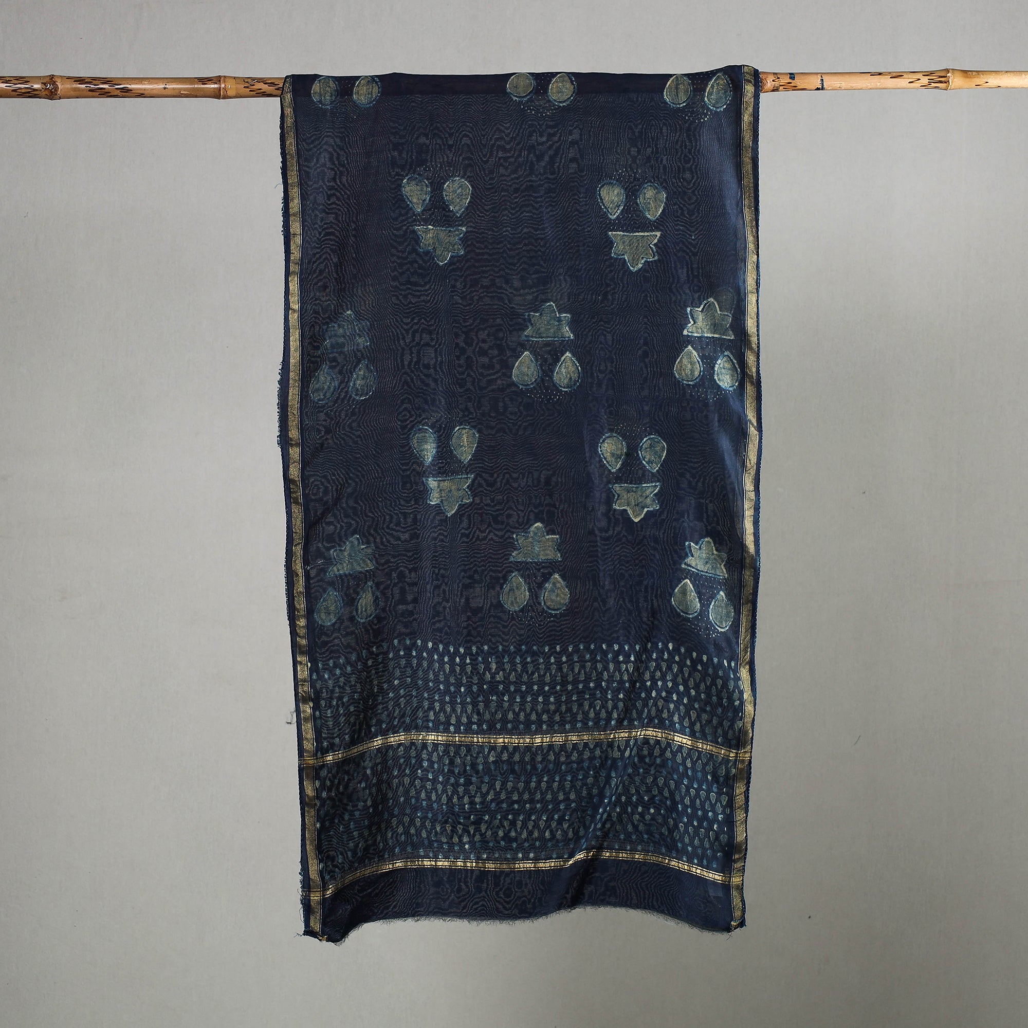 HAVELI CHRONICLES Blue - Akola Block Printed Chanderi Silk Handloom Stole with Zari Border - view 2