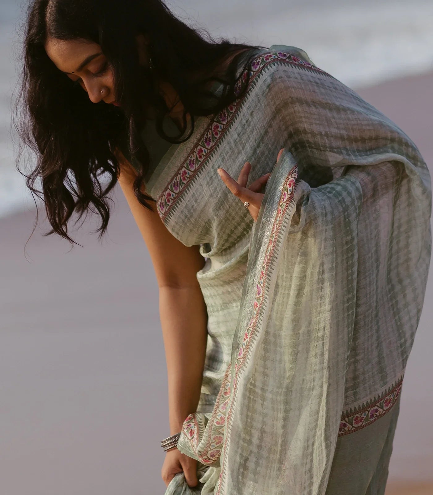 RmKV Shadow Green Handloom Linen Saree With Printed Floral Motifs-Shadow Green - view 2