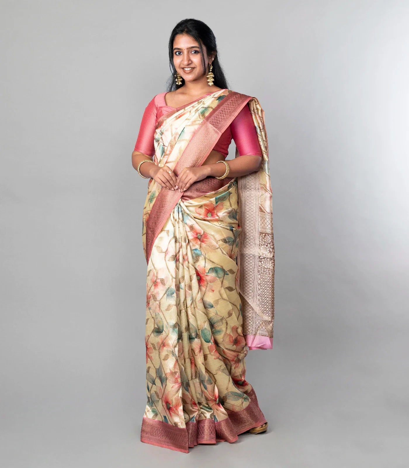 RmKV Cream Woven Dola Synthetic Saree With Printed Floral Motifs