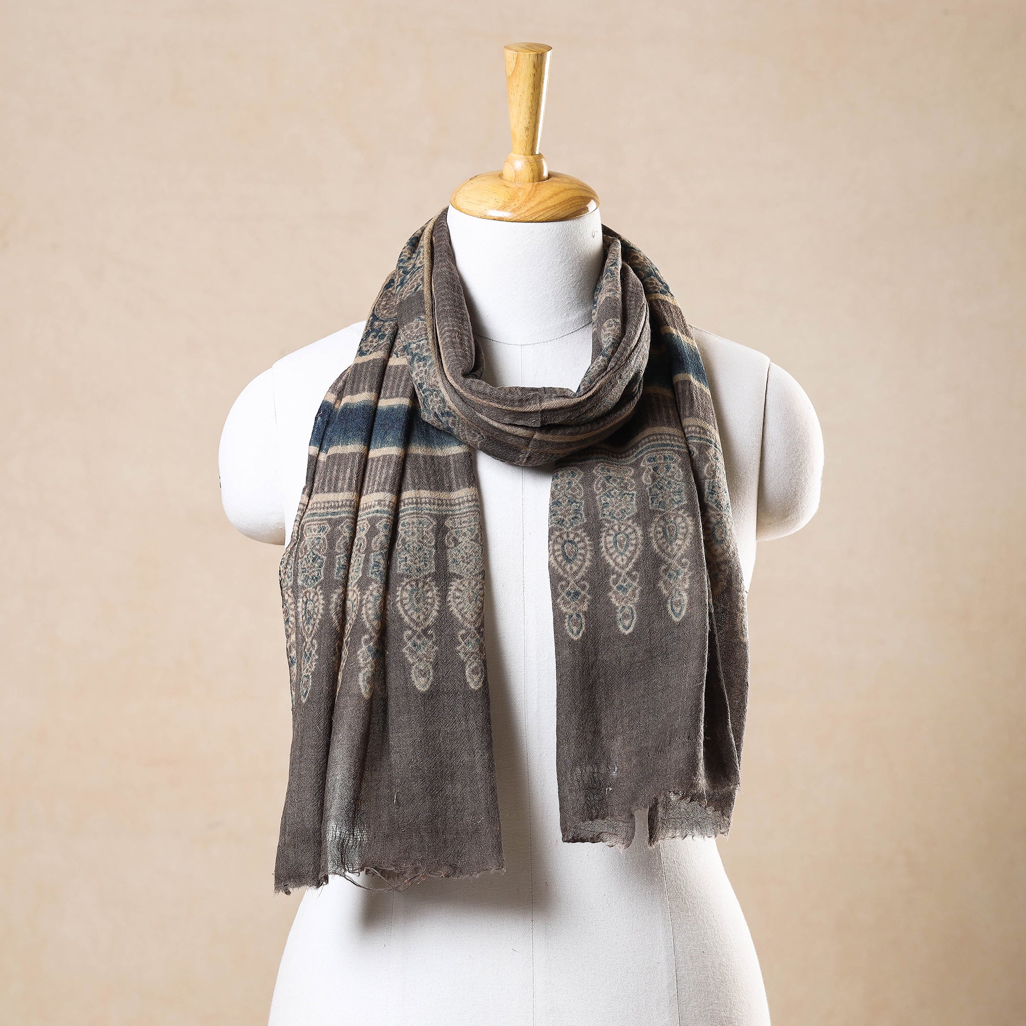 AJRAKH BY JABBAR KHATRI Brown - Ajrakh Hand Block Printed Pure Woolen Stole