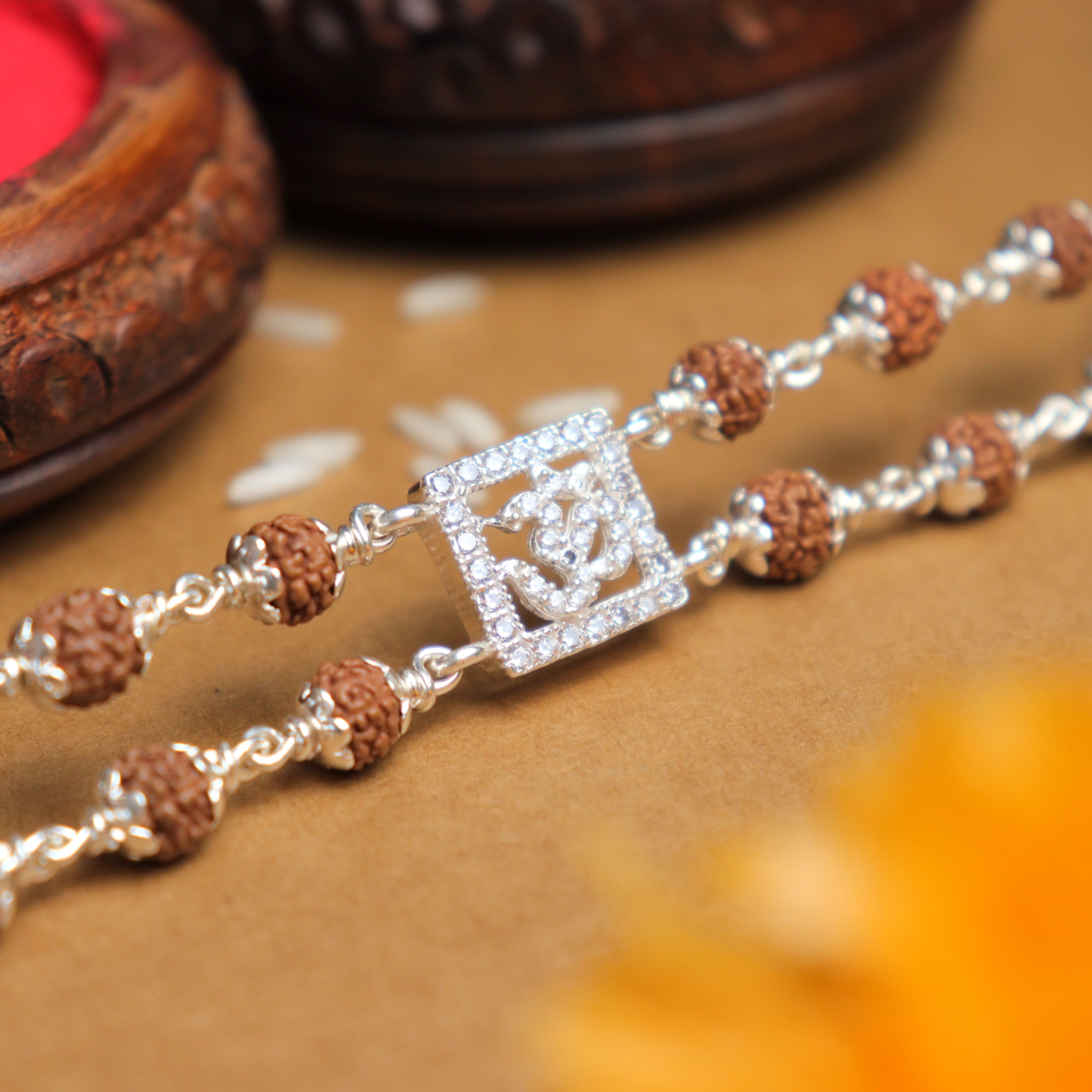 Prinjal Jewellers Silver Rakhi with Rudraksha, Square Diamond, and Om, Double Line Design