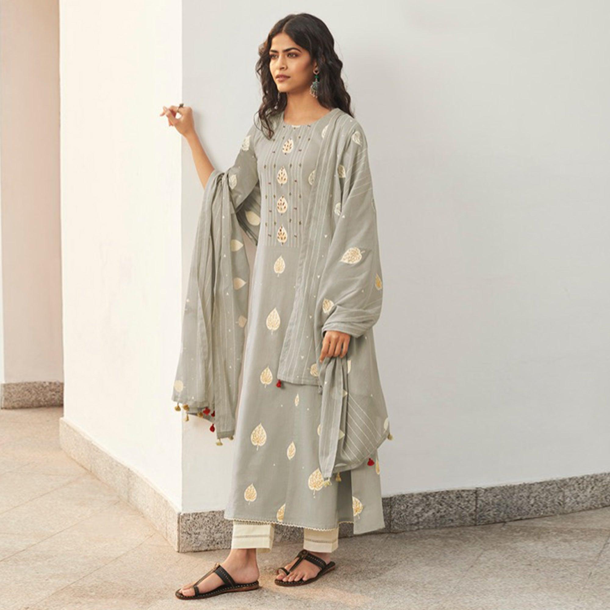 Peachmode Ethnic Grey Colored Casual Wear Printed Pure Cotton Suit