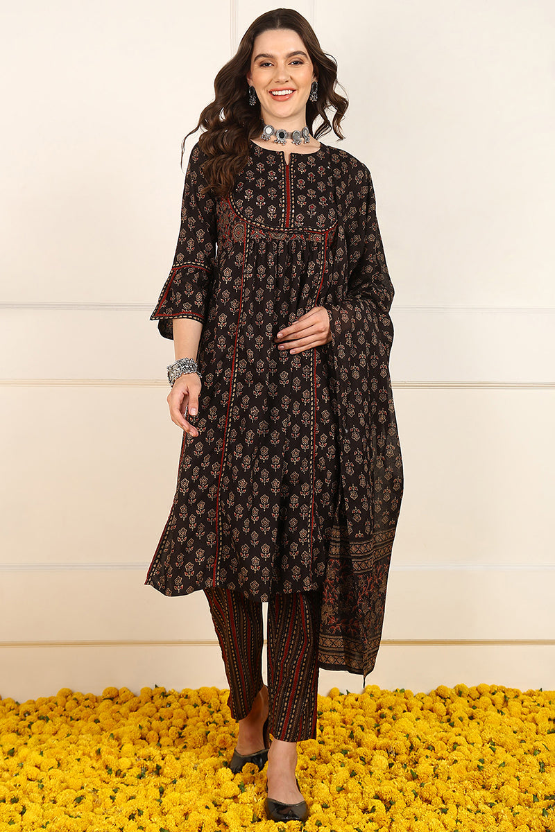 Ahika Brown Cotton Floral Printed Straight Suit Set JPSKD1008BRN - view 4