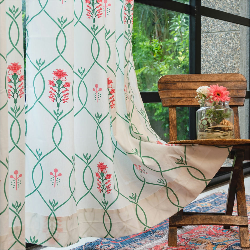 Urban Space -Home Furnishing Store 100% Cotton Room Darkening Curtains, Pack of 2 - Floral Ripples - Pink & Green - view 5