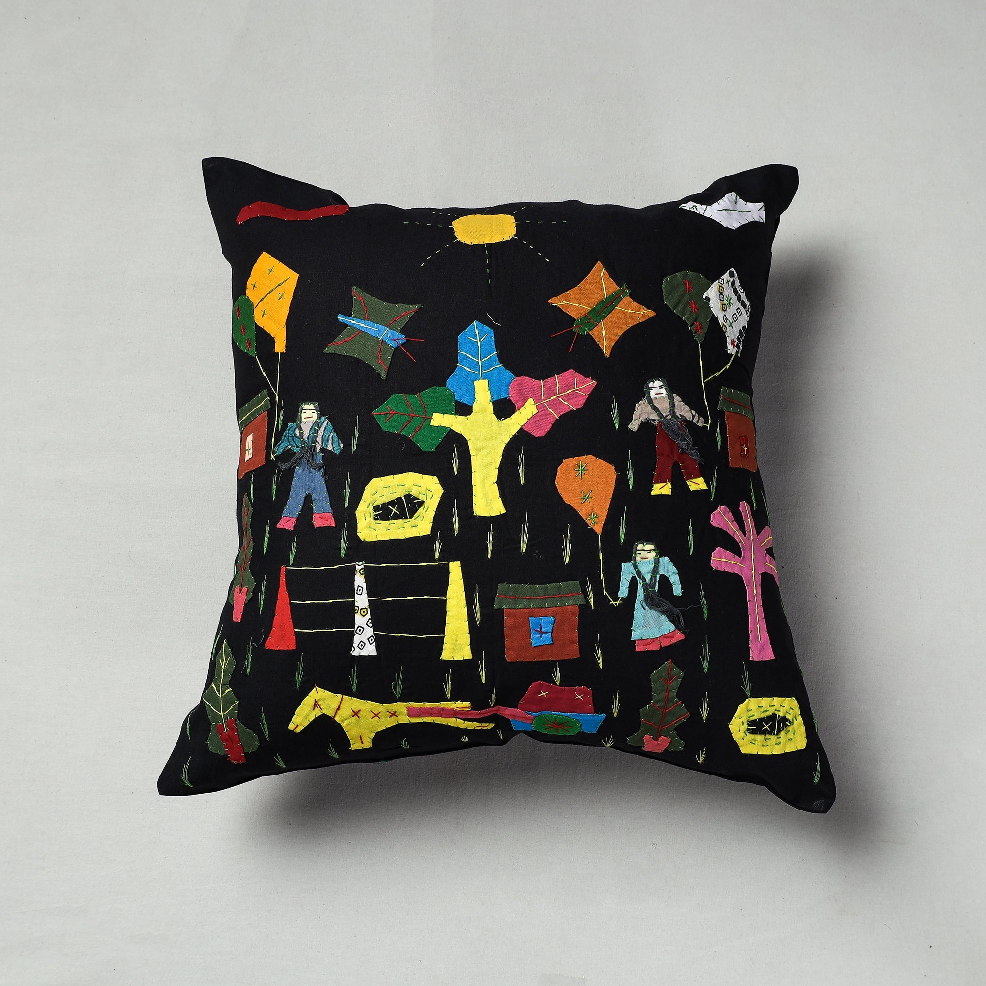 ASHOKA ASSEMBLE - CELEBRATING CRAFTS OF ODISHA Black - Pipli Applique Work Cotton Cushion Cover (16 x 16 in)