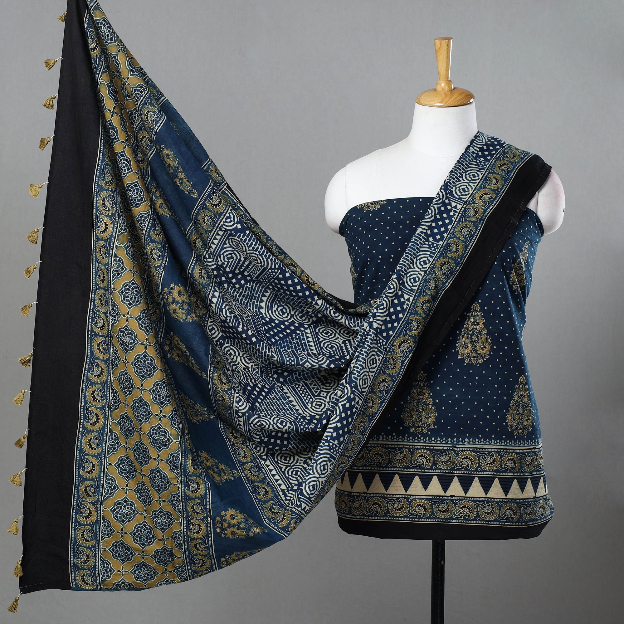 AJRAKH BY SUFIYAN ISMAIL KHATRI Blue - Hand Block Print Cotton 3pc Ajrakh Dress Material 14