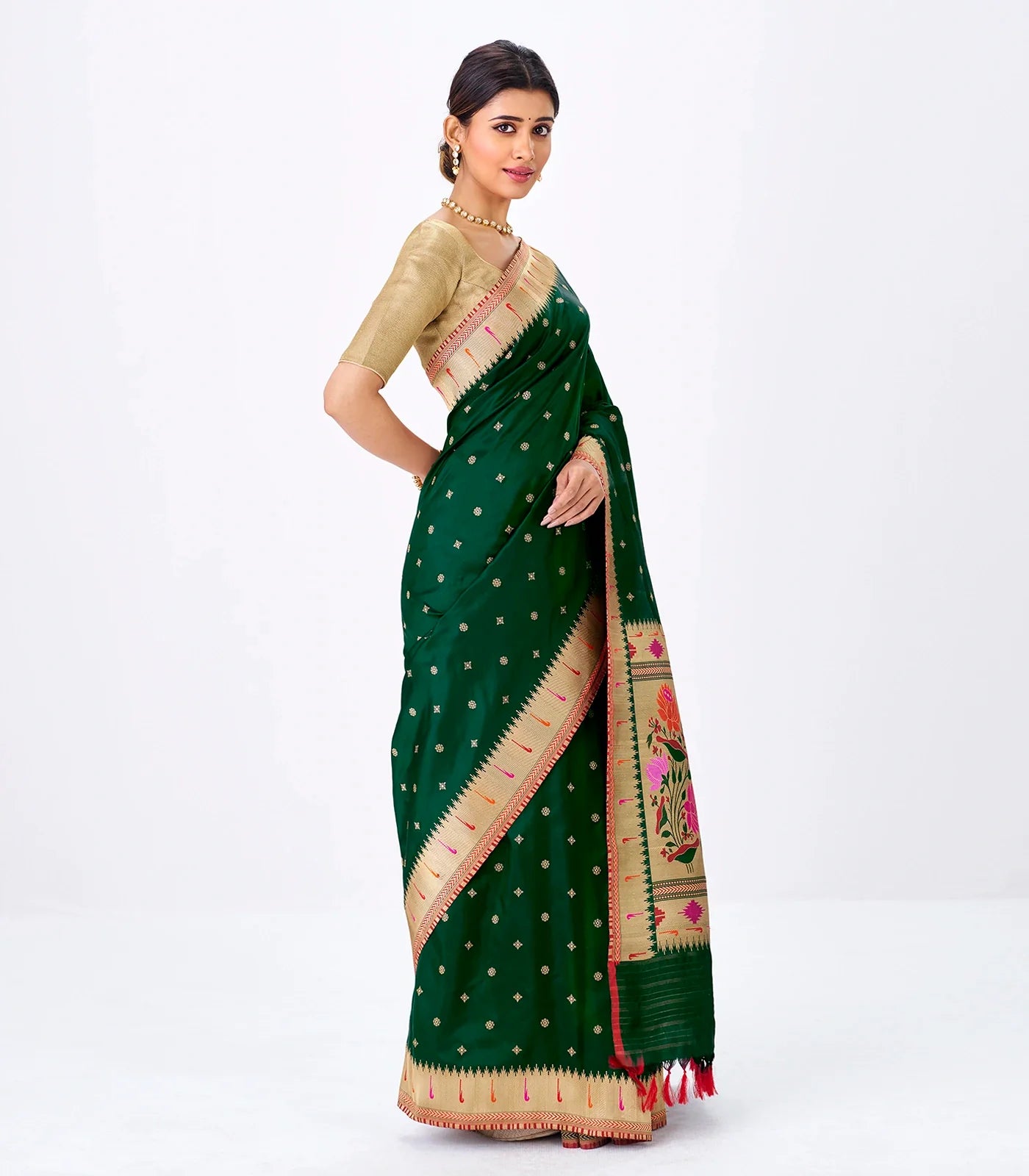 RmKV Bottle Green Handwoven Banarasi Silk Saree With Floral Buttas - view 4