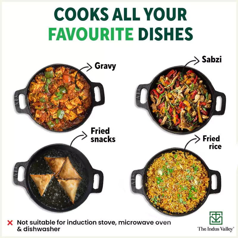 The Indus Valley Super Smooth Cast Iron Kadai (Wok)+ Glass Lid, Pre-seasoned, Nonstick, 100% Pure,Toxin-free, 25.4cm, 2.5L, 2.4kg - view 11