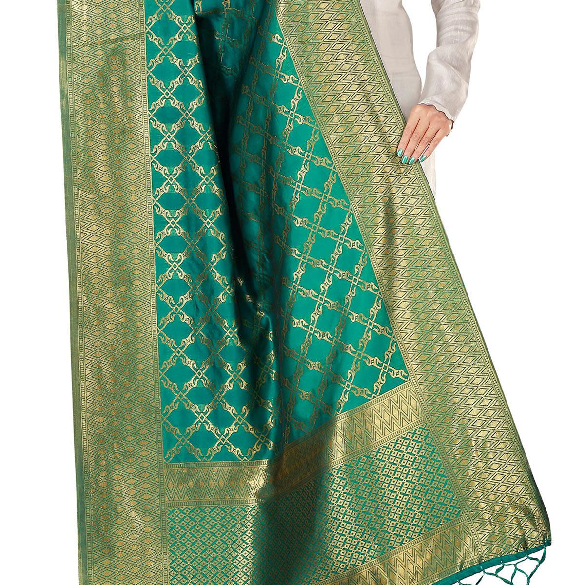 Peachmode Seller Eye-catching Green Colored Festive Wear Banarasi Silk Dupatta - view 2
