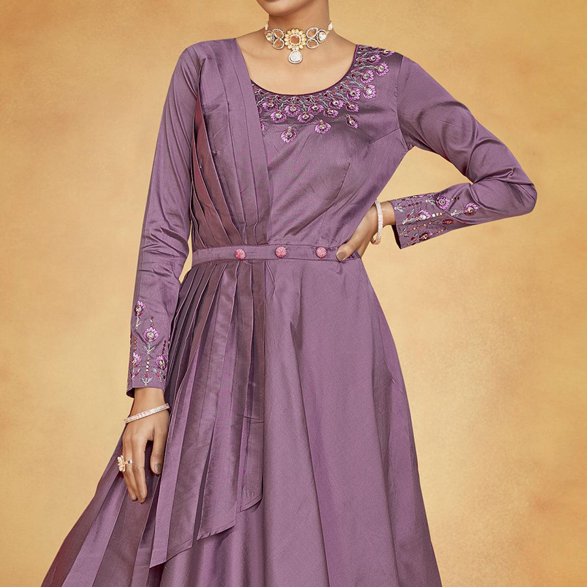 Peachmode Seller Mauve Party Wear Embroidered Tapetta Gown - view 2