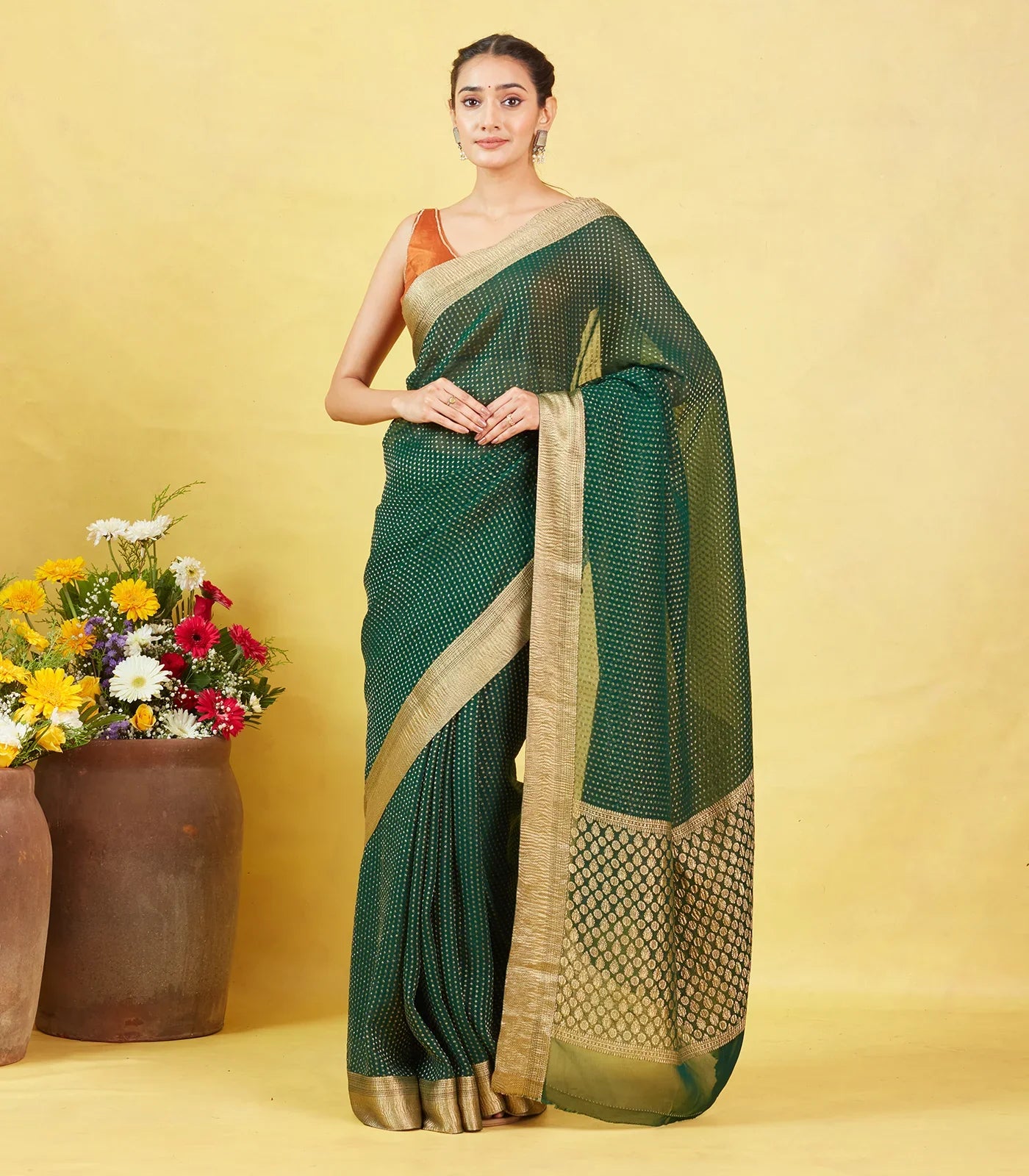 RmKV Bottle Green Mysore Crepe Silk Saree With Floral Motifs & Zari Border - view 4