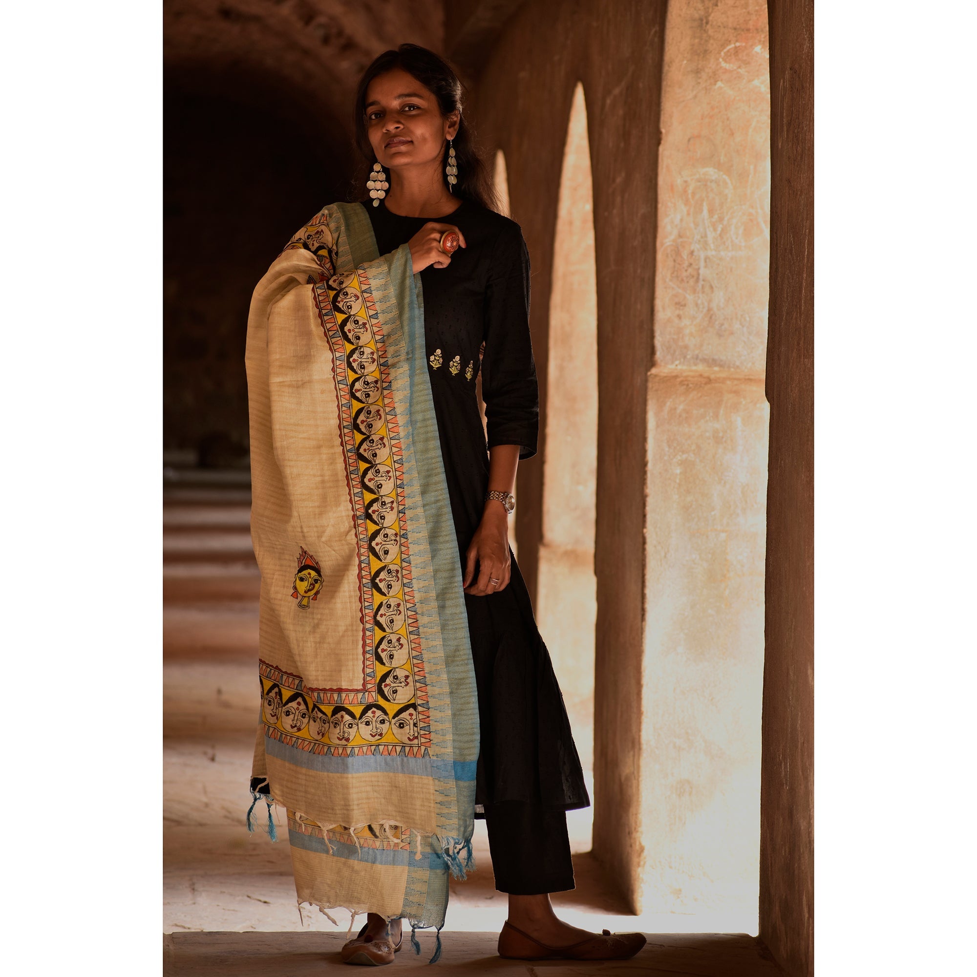 DIORAMA DESIGNS Beige - Madhubani Hand-Painted Durga Face Cotton Dupatta - view 2