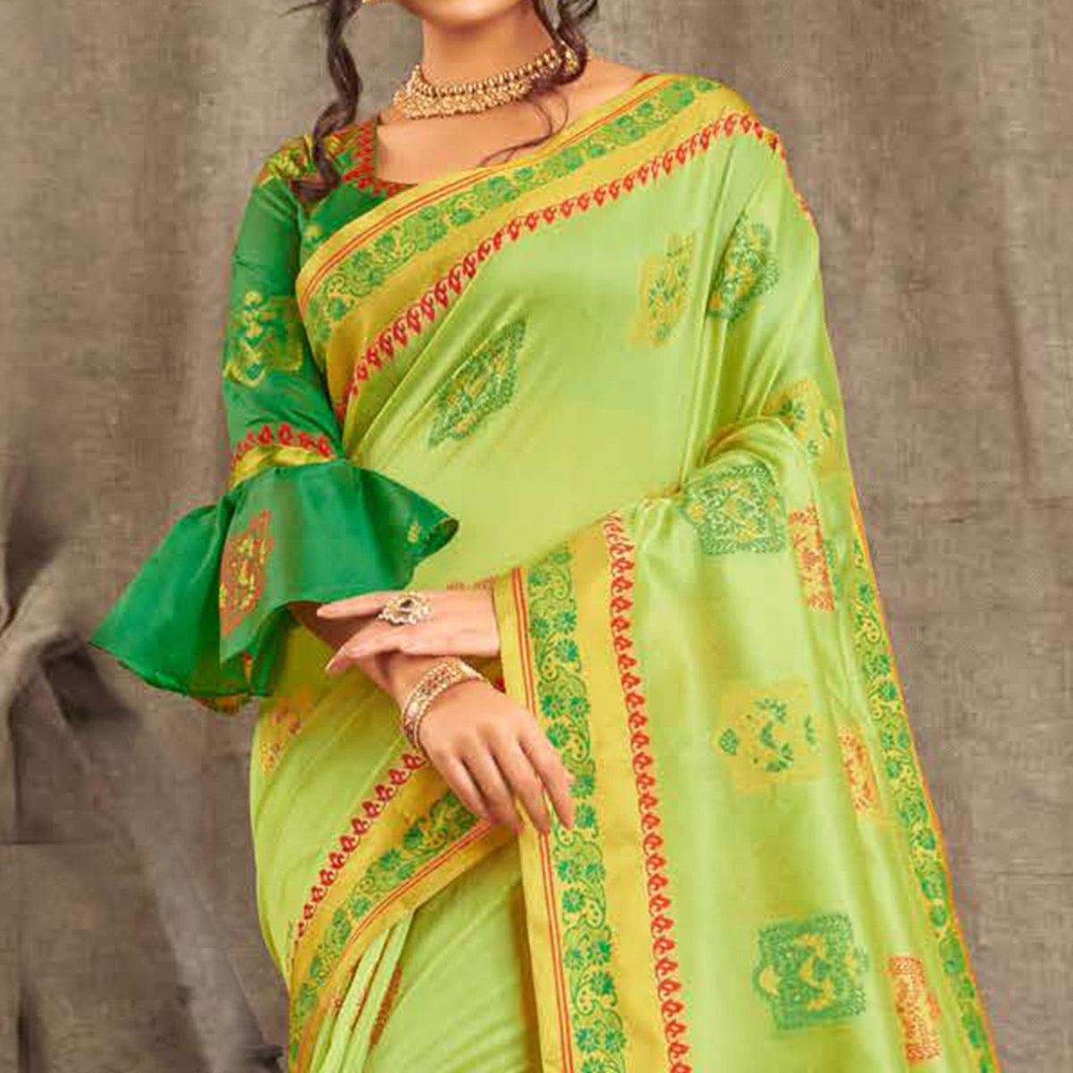 Peachmode Captivating Pista Green Colored Festive Wear Woven Cotton Handloom Saree - view 2