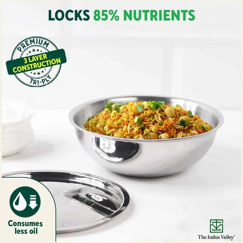 The Indus Valley TurboCuk Tri-ply Stainless Steel Tasla/Tasra/ Patila+ Steel Lid, Cook & Serve, Premium Quality, 3 Layer Thick Body, 100% Toxin-free, - view 6