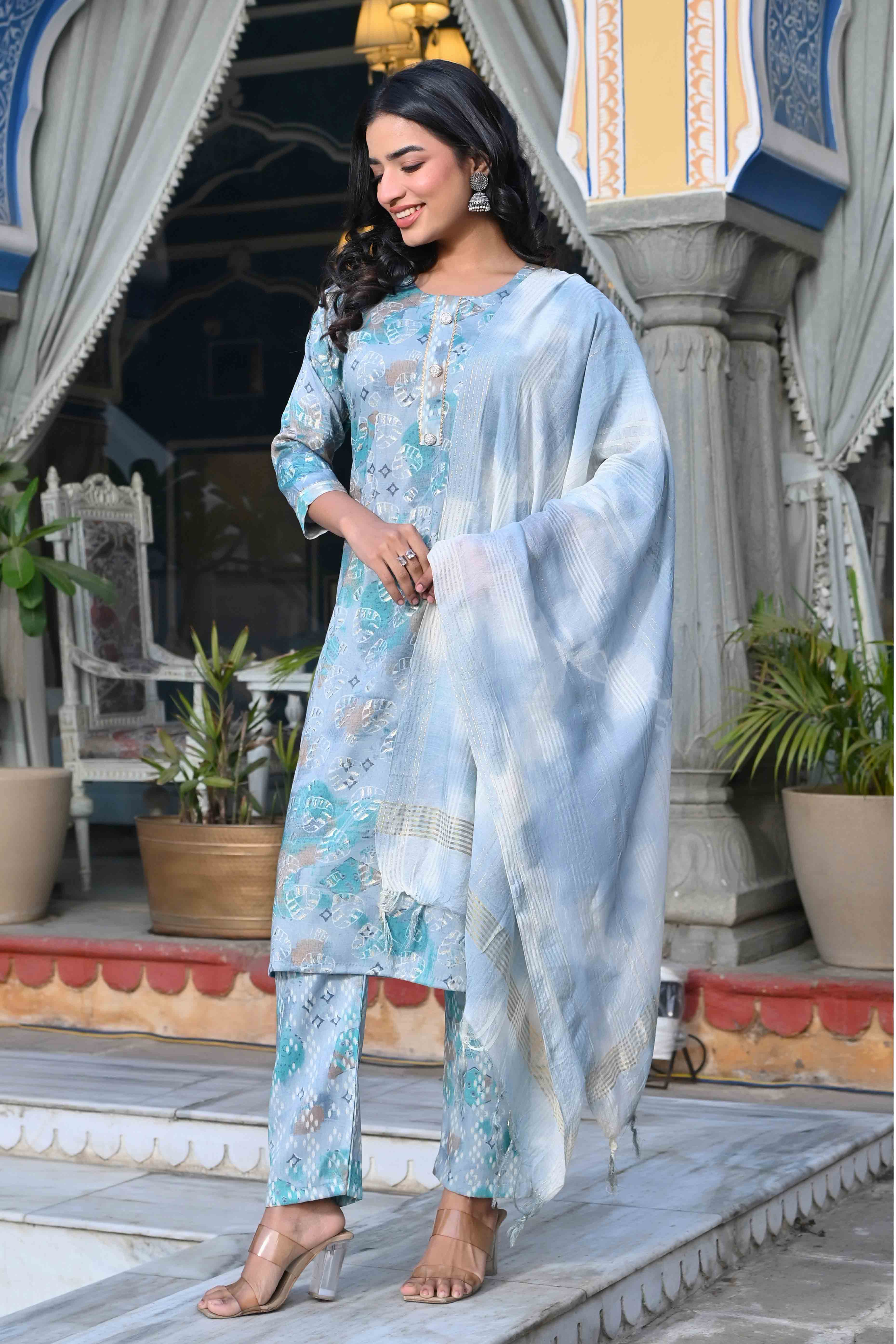BlackTree grey-turquoise-floral-foil-printed-rayon-salwar-suit - view 5