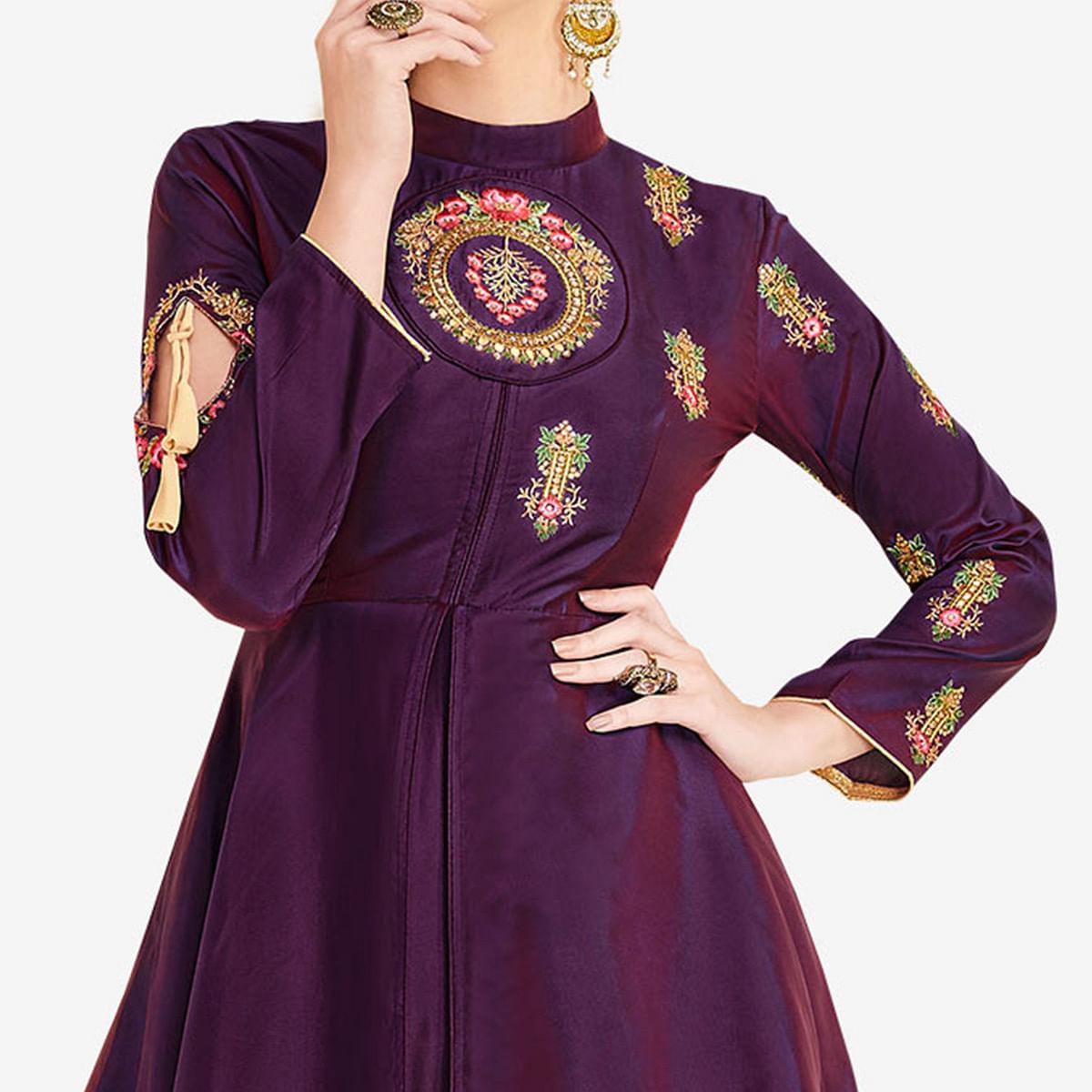 Peachmode Seller Dark Purple Embroidered Satin Gown - view 2