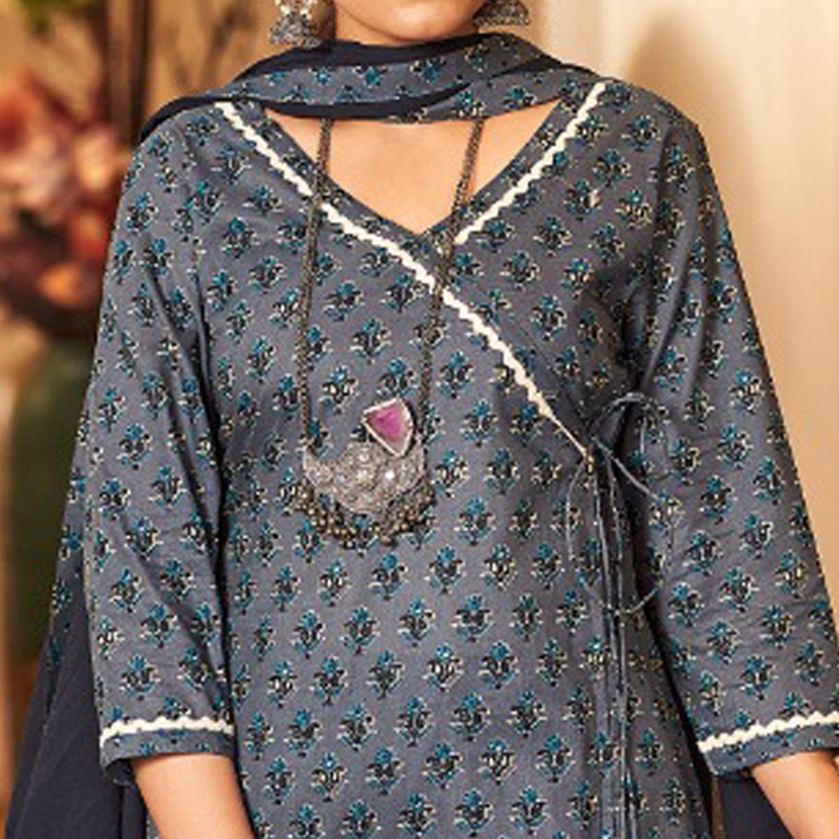 BlackTree grey-floral-printed-pure-cotton-angrakha-style-suit - view 2