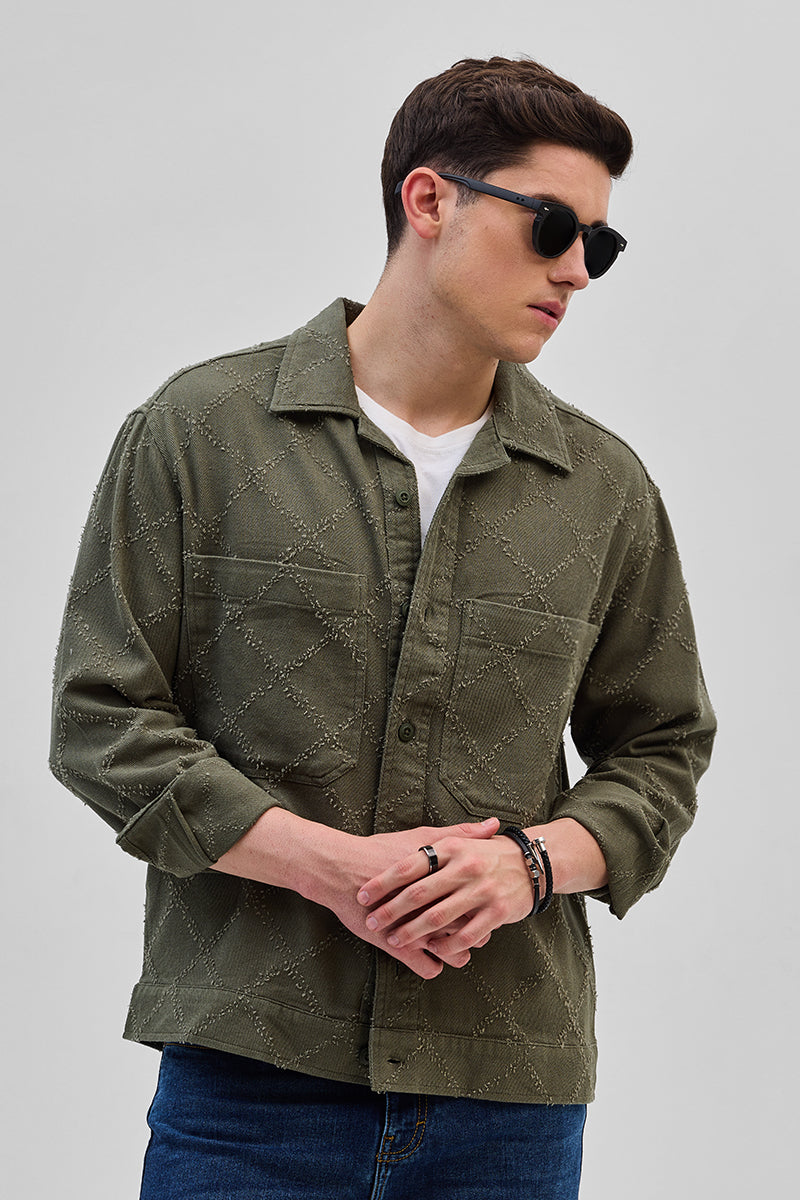SNITCH Olive Geometric Overshirt - view 4