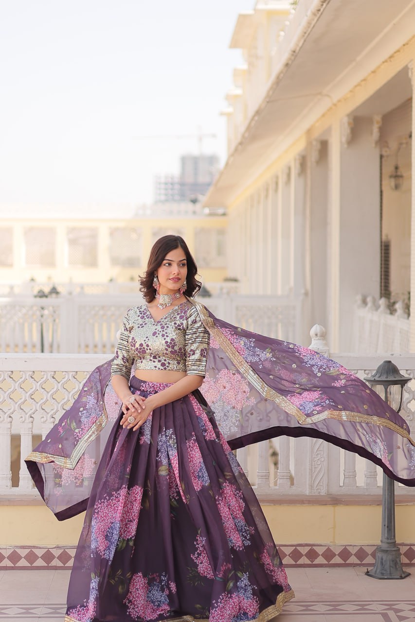 ClothsVilla Wine Exquisite Women's Fully Flaired Lehenga Set in Digital Printed Russian Silk with Sequins Embroidery - view 3
