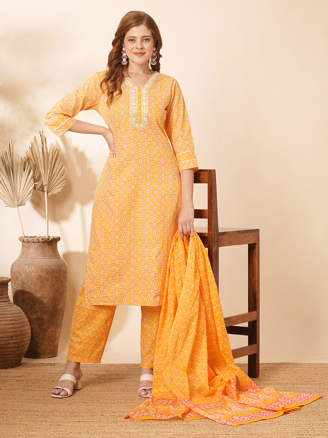 FASHOR Ethnic Printed & Embroidered Straight Fit Kurta with Pant & Dupatta - Yellow
