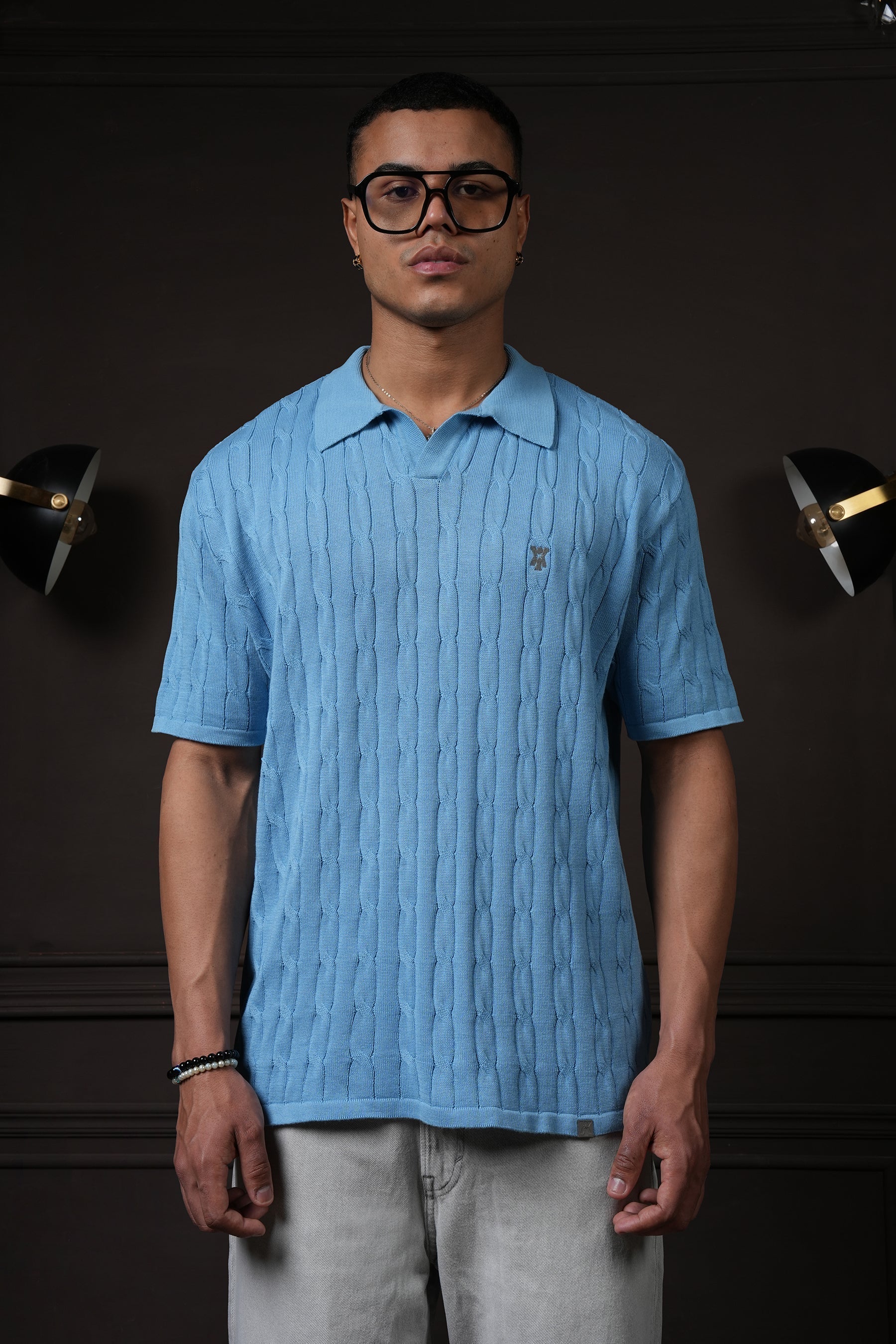 Y*all Pristine Cable Knit Polo - Cornflower Blue - view 3