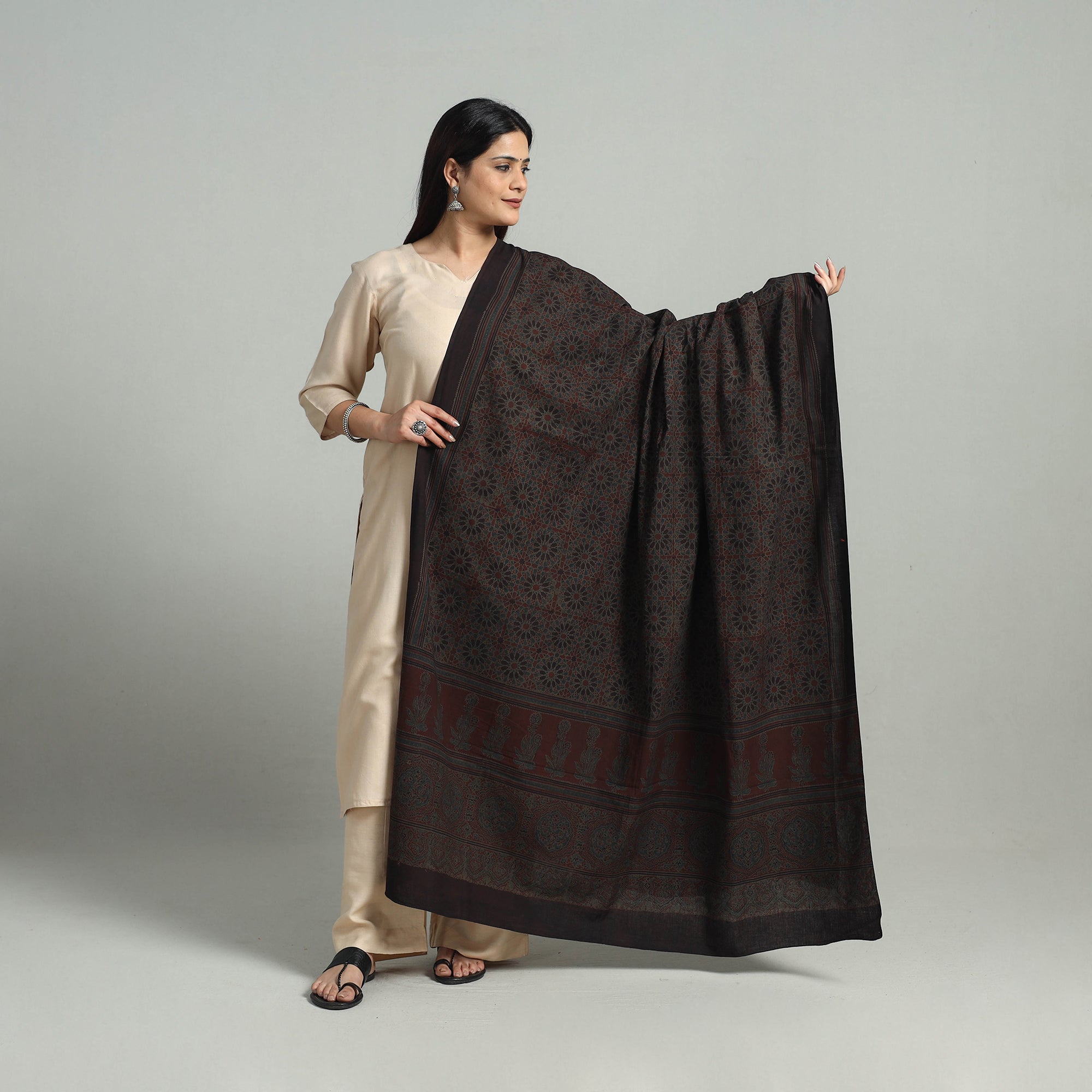 AJRAKH BY SUFIYAN ISMAIL KHATRI Black - Hand Block Printed Cotton Ajrakh Dupatta 19