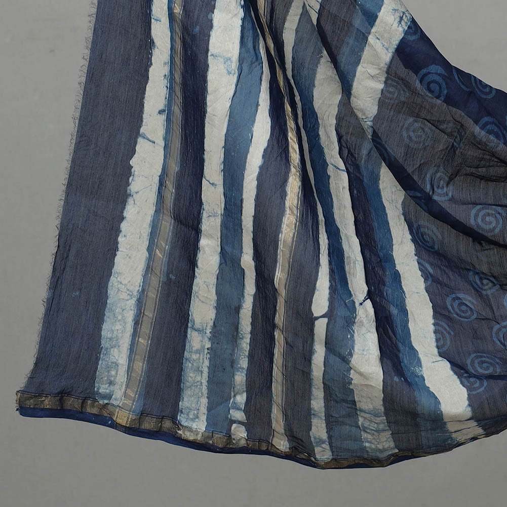 ARTISAN HAND BLOCK PRINTS Blue - 3pc Chanderi Silk Indigo Bagru Print Dress Material 01 - view 4