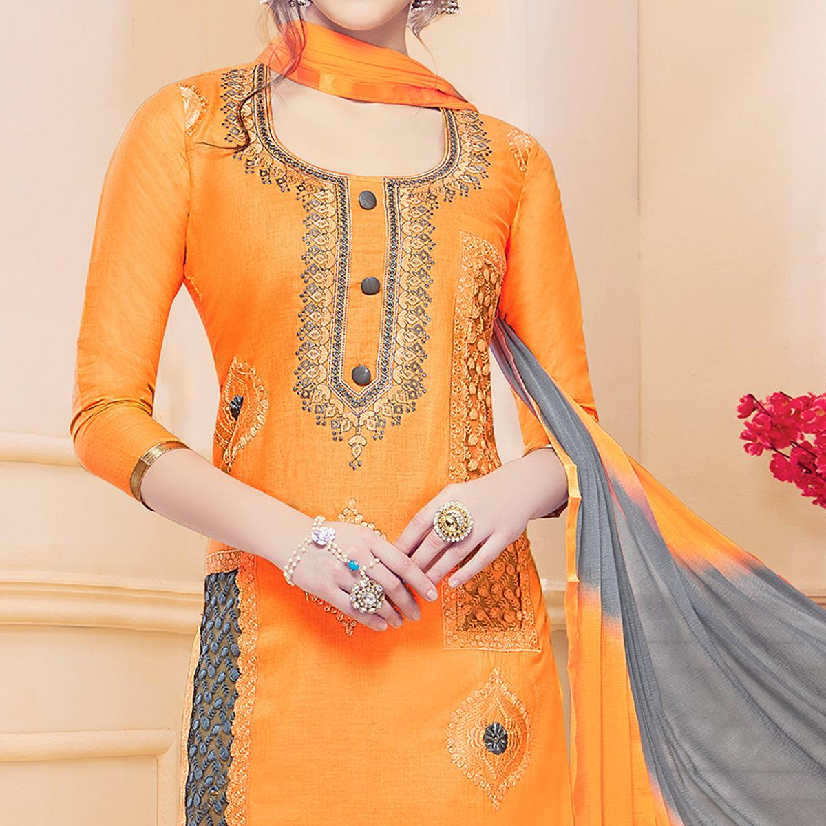 Peachmode Classy Orange Colored Partywear Embroidered Cotton Dress Material - view 2