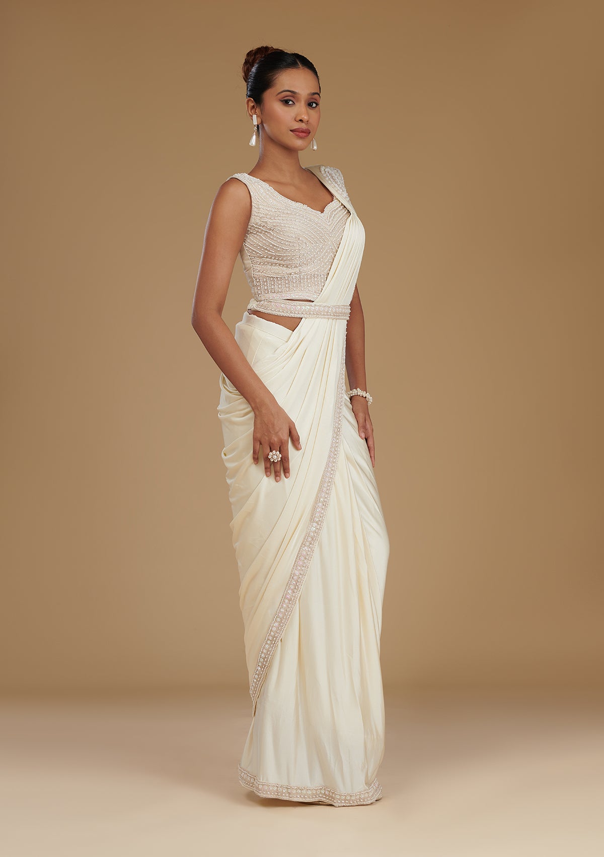 Koskii Cream Stonework Satin Readymade Saree – Women's - view 6