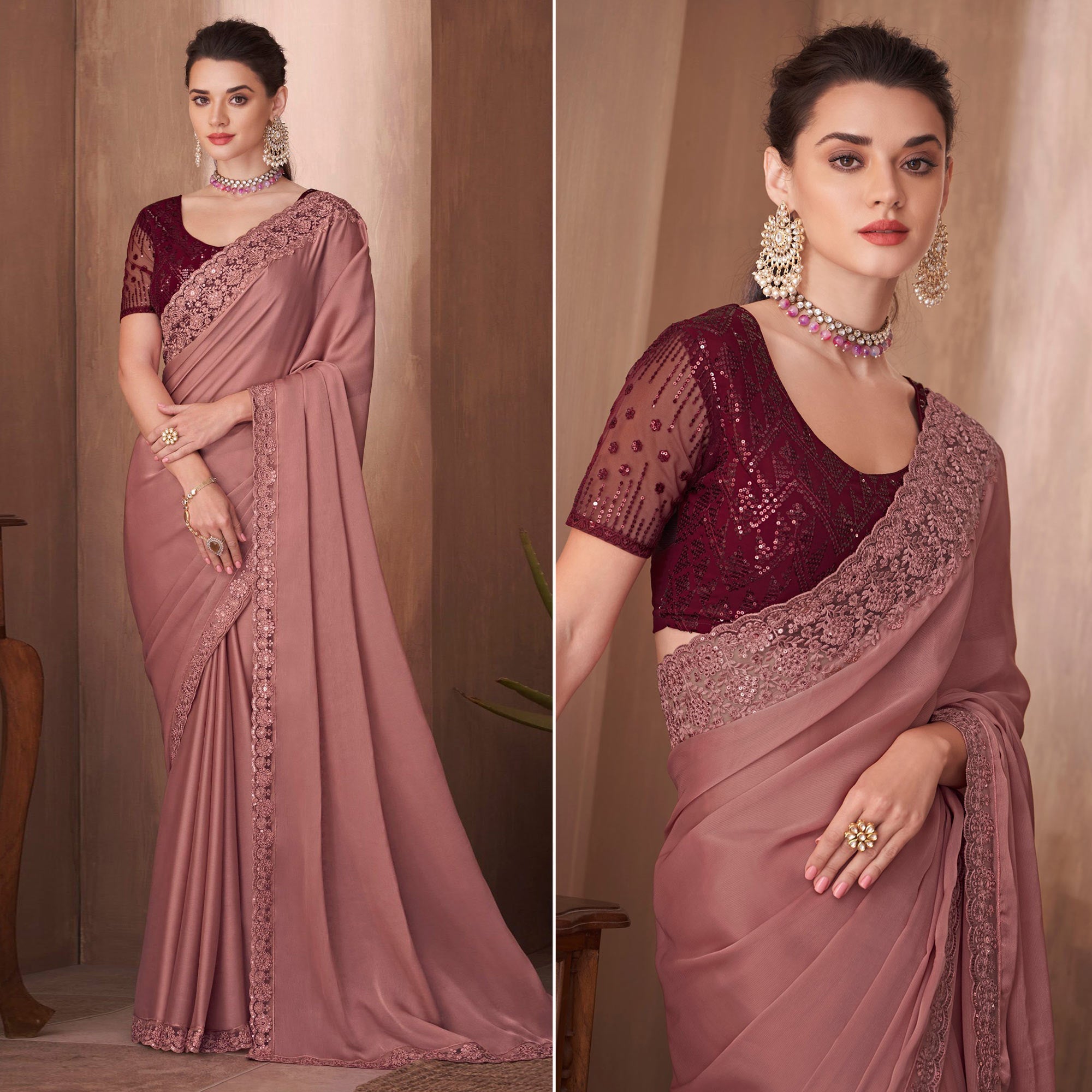 Peachmode Mauve Embroidered Satin Saree – Women's